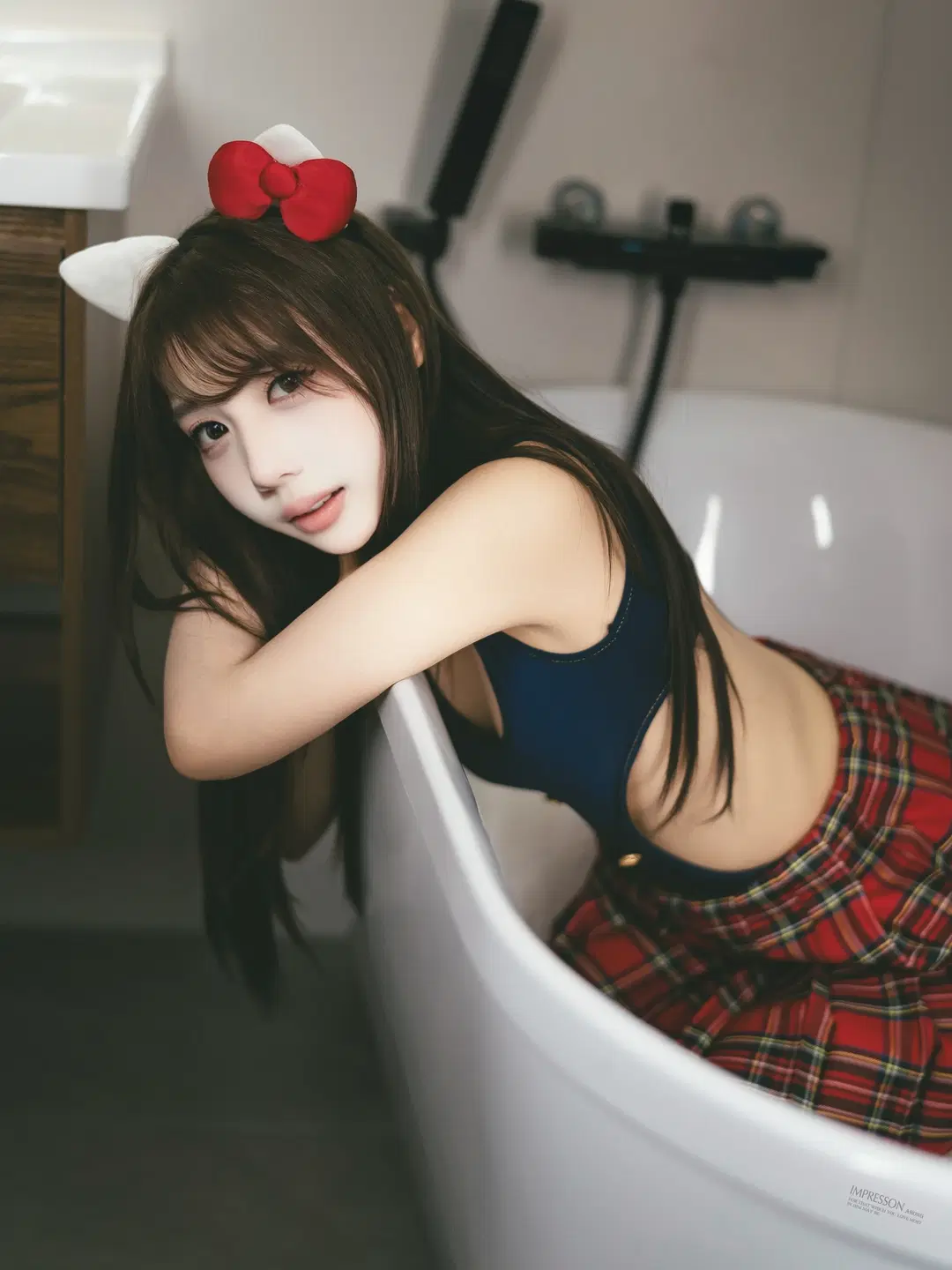 【Cat ear cosplay】Red Plaid Skirt & Cat Ears: At-Home Portrait & Atmospheric Photography (Uniform boudoir photography) by 阿宏 - Image 2