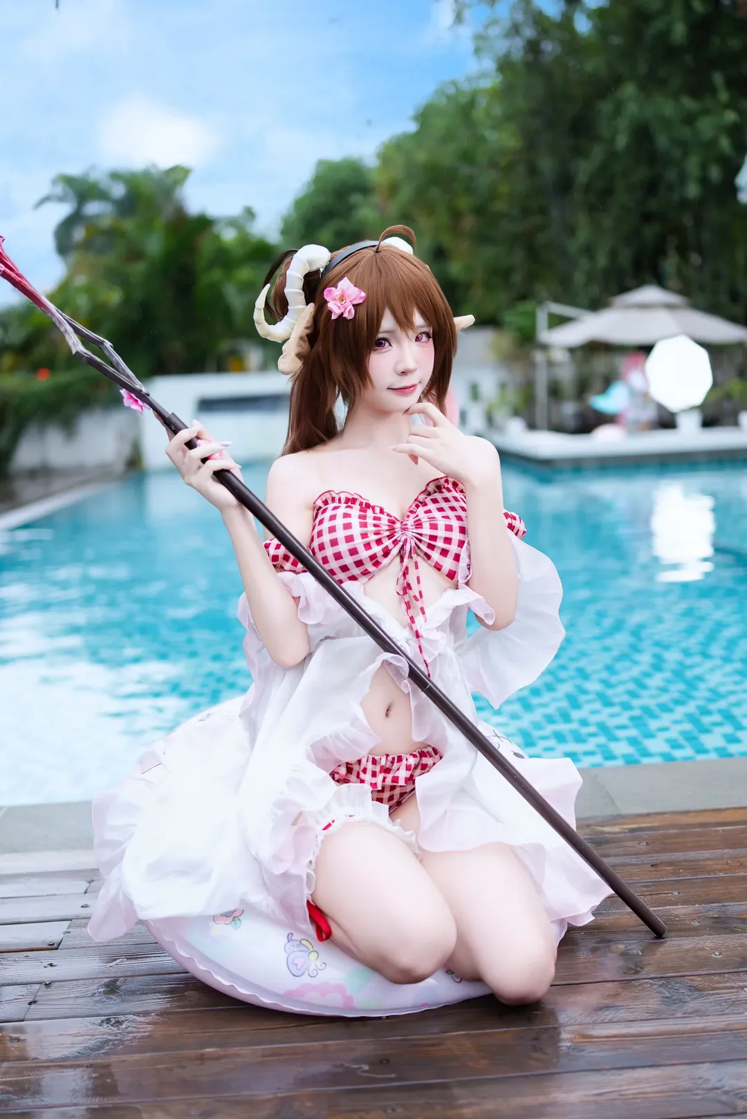 泳装cosplay, 泳池写真, 艾雅法拉cos, 夏日水着, 红白格子泳装 - 第5张