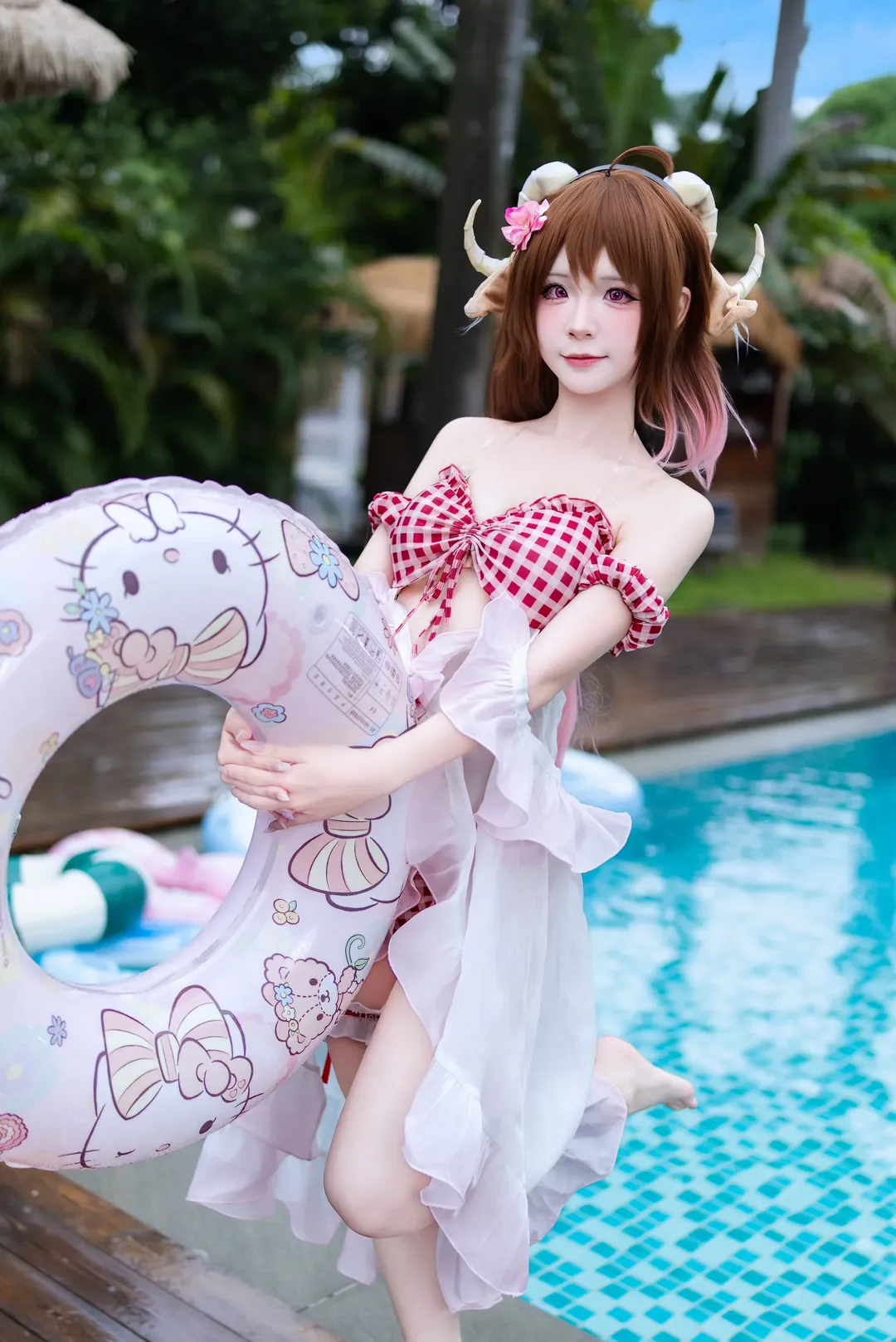 泳装cosplay, 泳池写真, 艾雅法拉cos, 夏日水着, 红白格子泳装 - 第6张