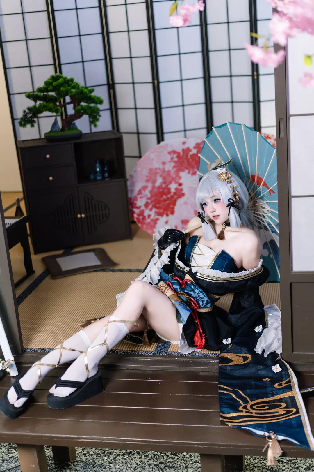 Kamisato Ayaka cosplay, Japanese-style photoshoot, Stockings cosplay, Inazuma elements, Birthday illustration