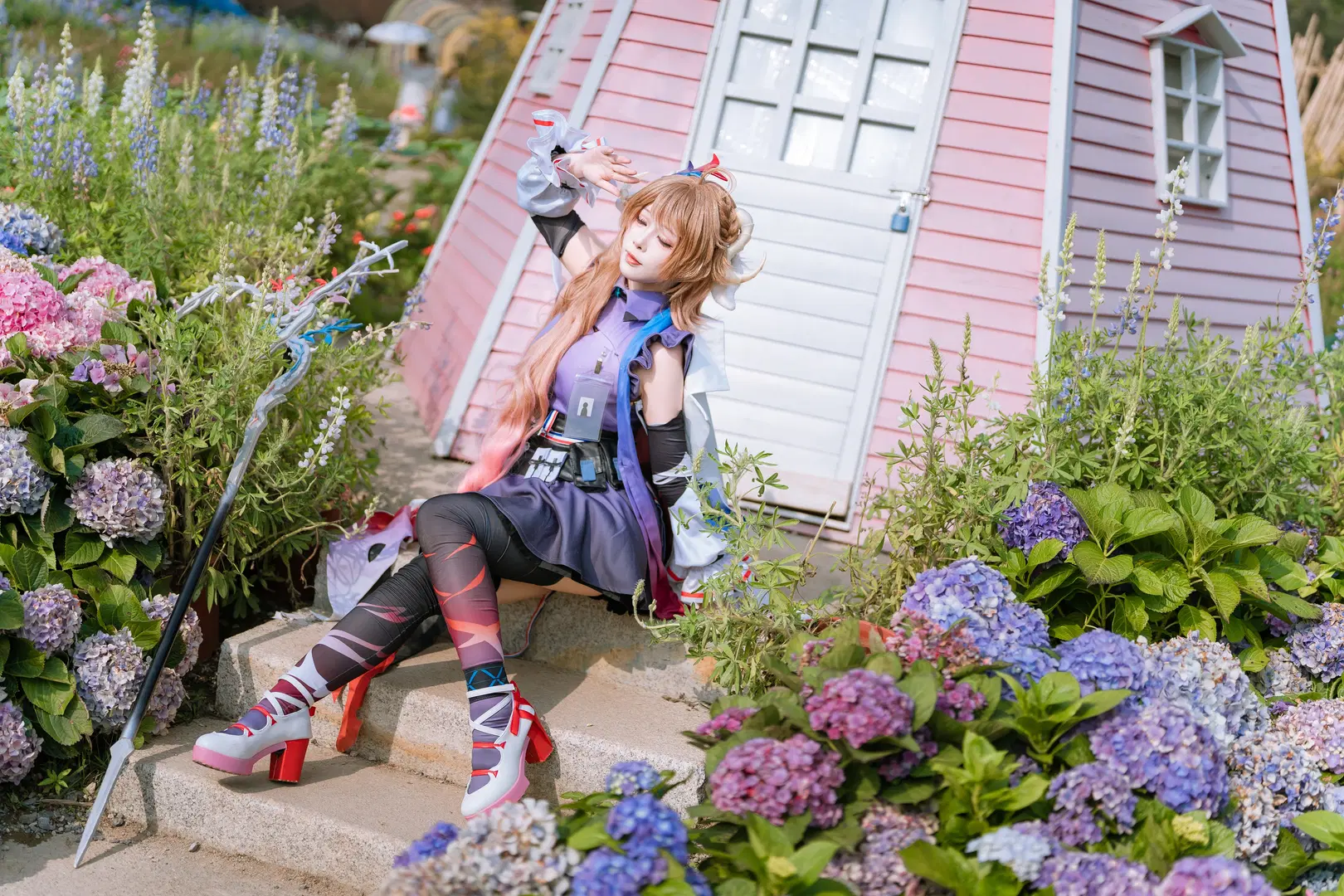 cosplay, Arknights, Sea of flowers photo shoot, Eyjafjalla the Hvít Aska cosplay, Stockings