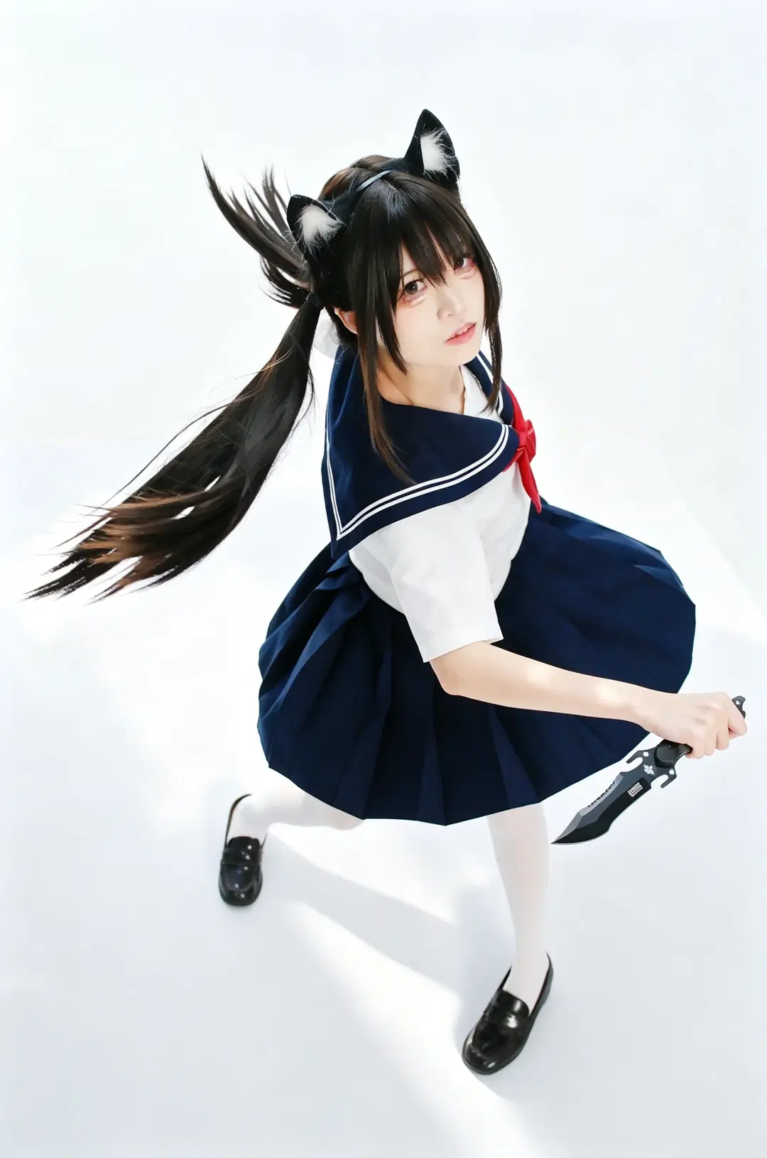 【JK制服写真】白ホリに映える猫耳二刀流：甘辛ギャップ全開のバトル少女 - 手可摘星辰 - 11枚目