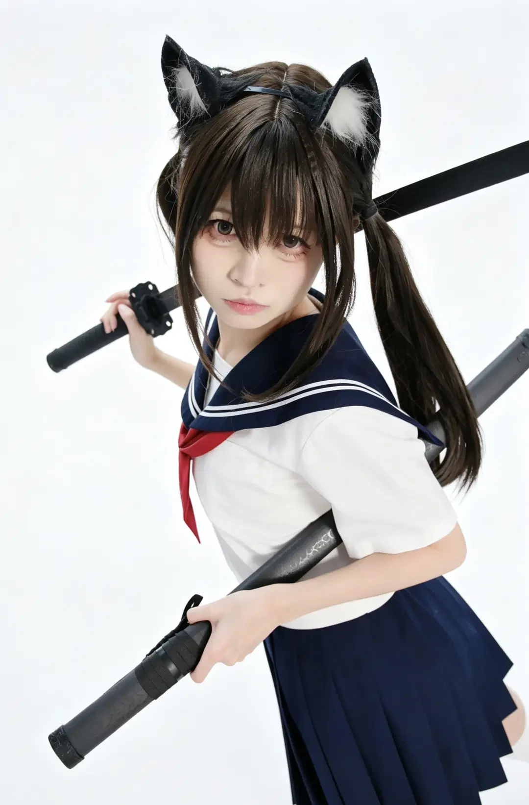 【JK制服写真】白ホリに映える猫耳二刀流：甘辛ギャップ全開のバトル少女 - 手可摘星辰 - 12枚目