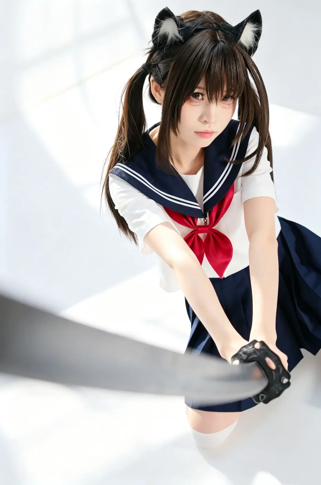 【JK制服写真】白ホリに映える猫耳二刀流：甘辛ギャップ全開のバトル少女 - 手可摘星辰 - 13枚目
