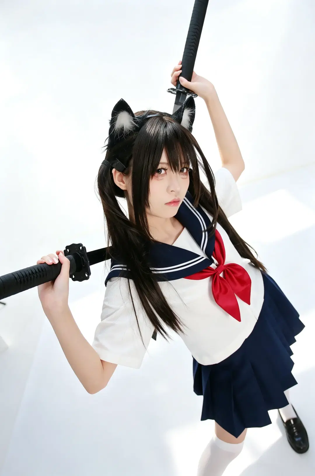 【JK制服写真】白ホリに映える猫耳二刀流：甘辛ギャップ全開のバトル少女 - 手可摘星辰 - 15枚目