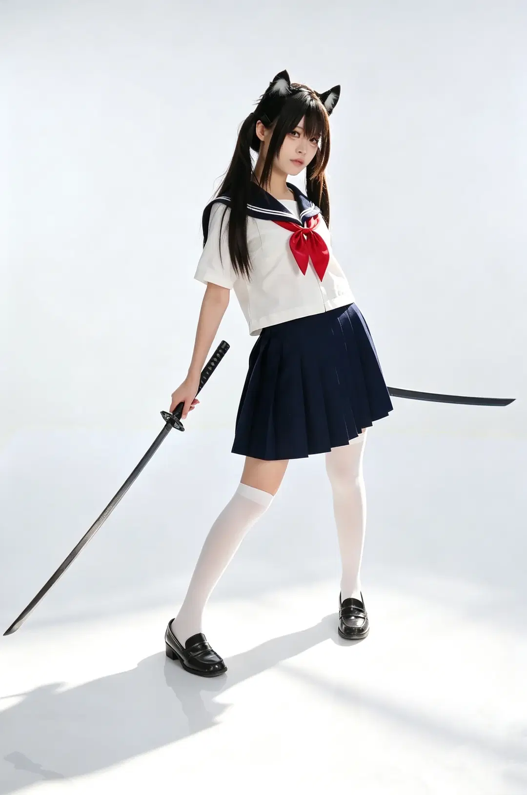 猫耳cos, 白棚摄影, JK制服写真, 二次元战斗少女, 过膝白丝袜