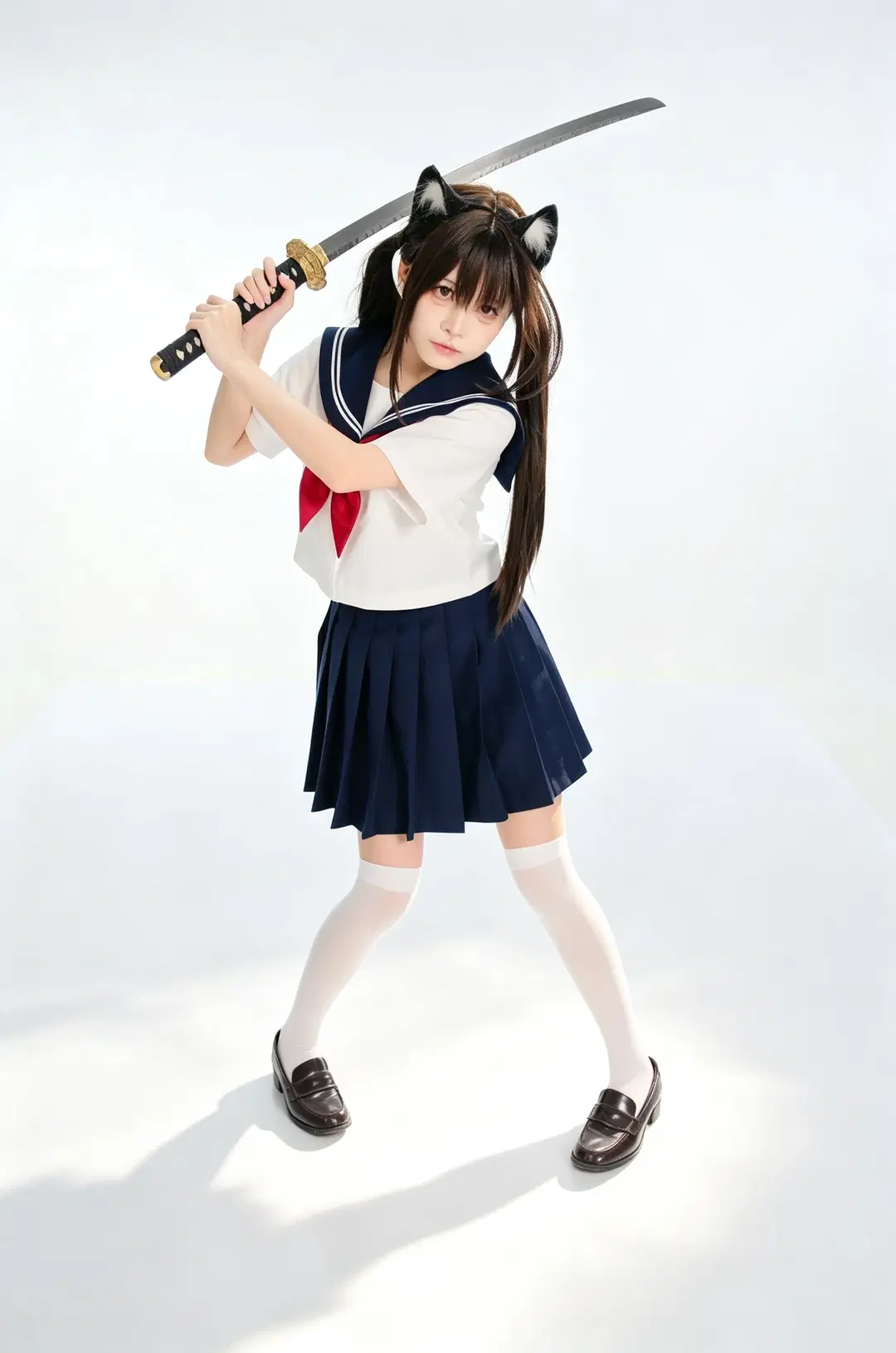【JK制服写真】白ホリに映える猫耳二刀流：甘辛ギャップ全開のバトル少女 - 手可摘星辰 - 4枚目
