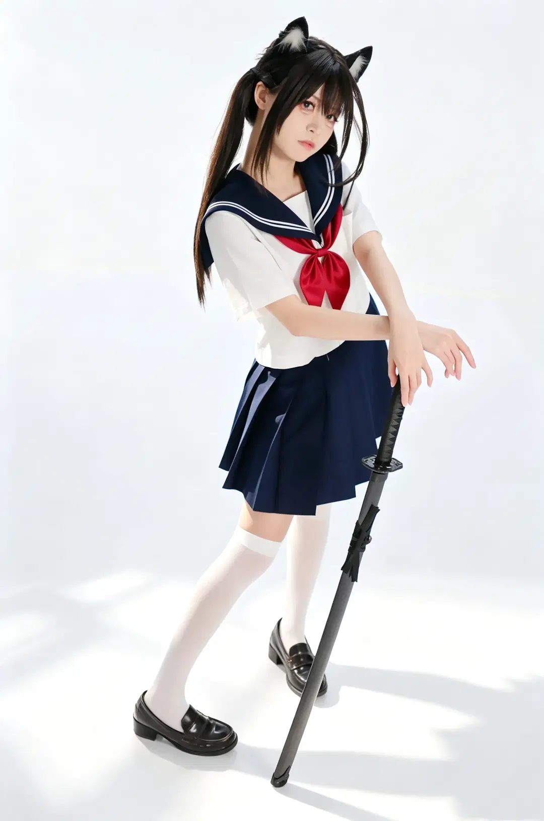 【JK制服写真】白ホリに映える猫耳二刀流：甘辛ギャップ全開のバトル少女 - 手可摘星辰 - 5枚目