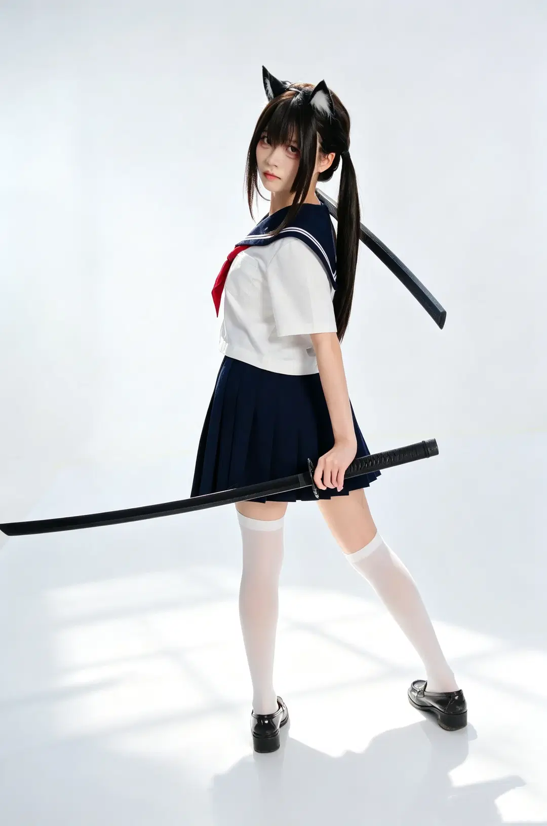 【JK制服写真】白ホリに映える猫耳二刀流：甘辛ギャップ全開のバトル少女 - 手可摘星辰 - 7枚目