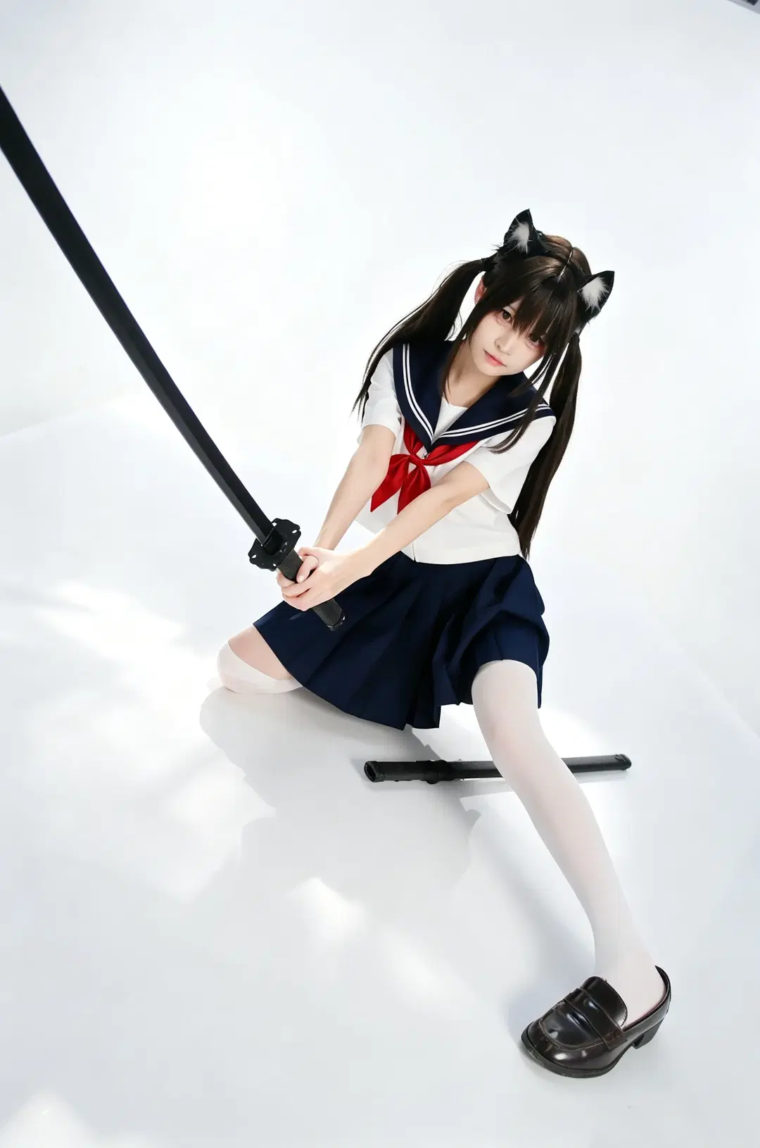 【JK制服写真】白ホリに映える猫耳二刀流：甘辛ギャップ全開のバトル少女 - 手可摘星辰 - 8枚目