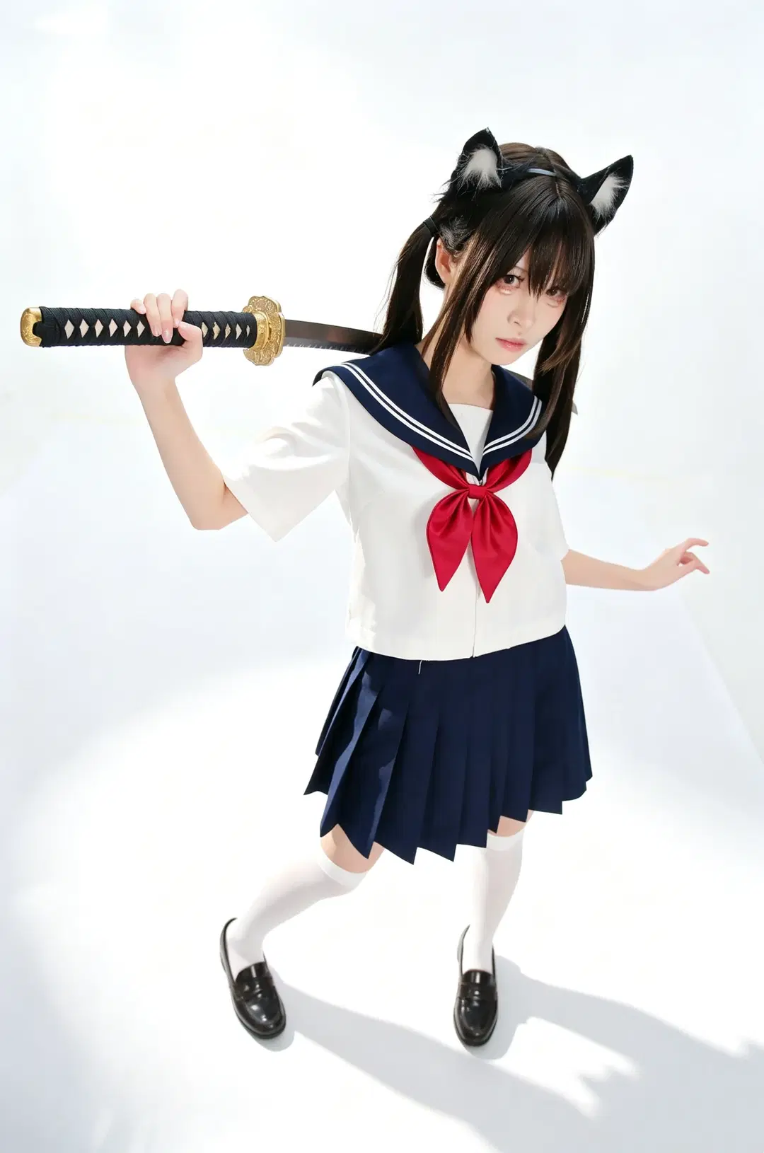 【JK制服写真】白ホリに映える猫耳二刀流：甘辛ギャップ全開のバトル少女 - 手可摘星辰 - 9枚目