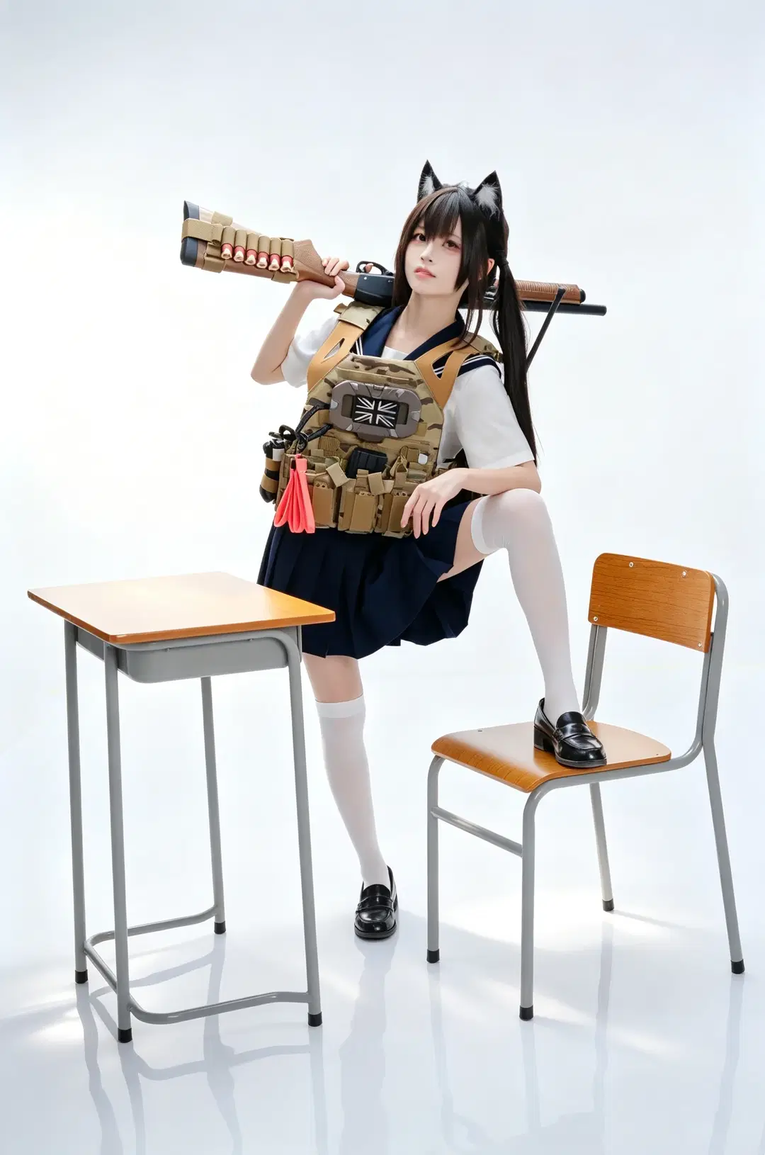二次元摄影, 猫耳, 白丝, 白棚写真, 武装JK