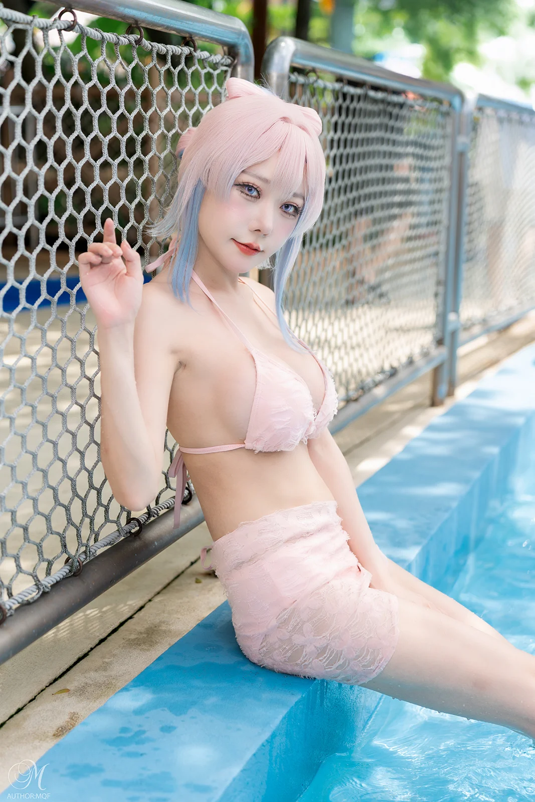 泳池写真, 二次元cos, 白丝, 夏日泳装, 粉蓝渐变假发 - 第4张