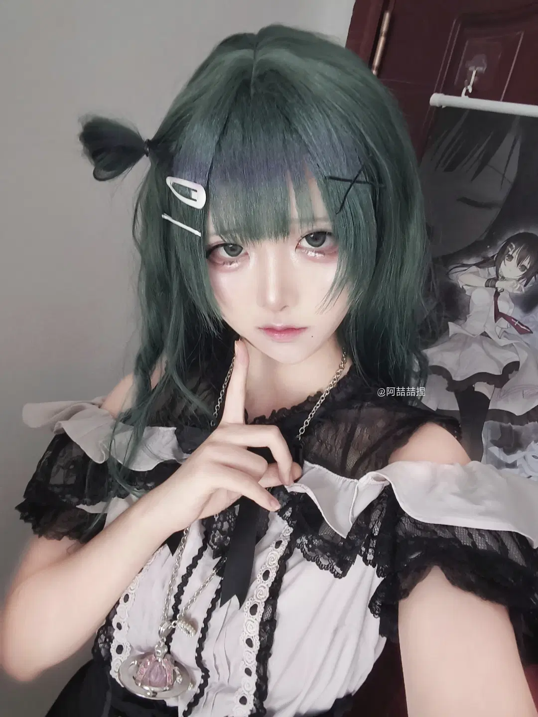 緑髪ウィッグ, ダーク系コスプレ, 梦限大みゅーたいぷ, ヴィオラコスプレ, 白黒レースメイド