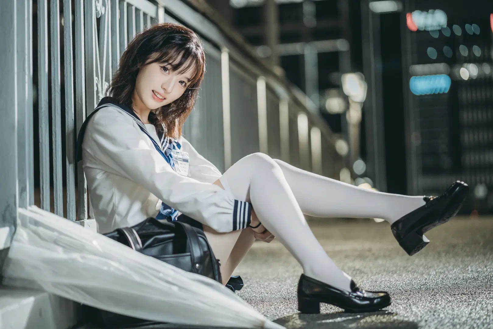 JK制服, 白丝, 夜景人像, cosplay摄影, 透明雨伞