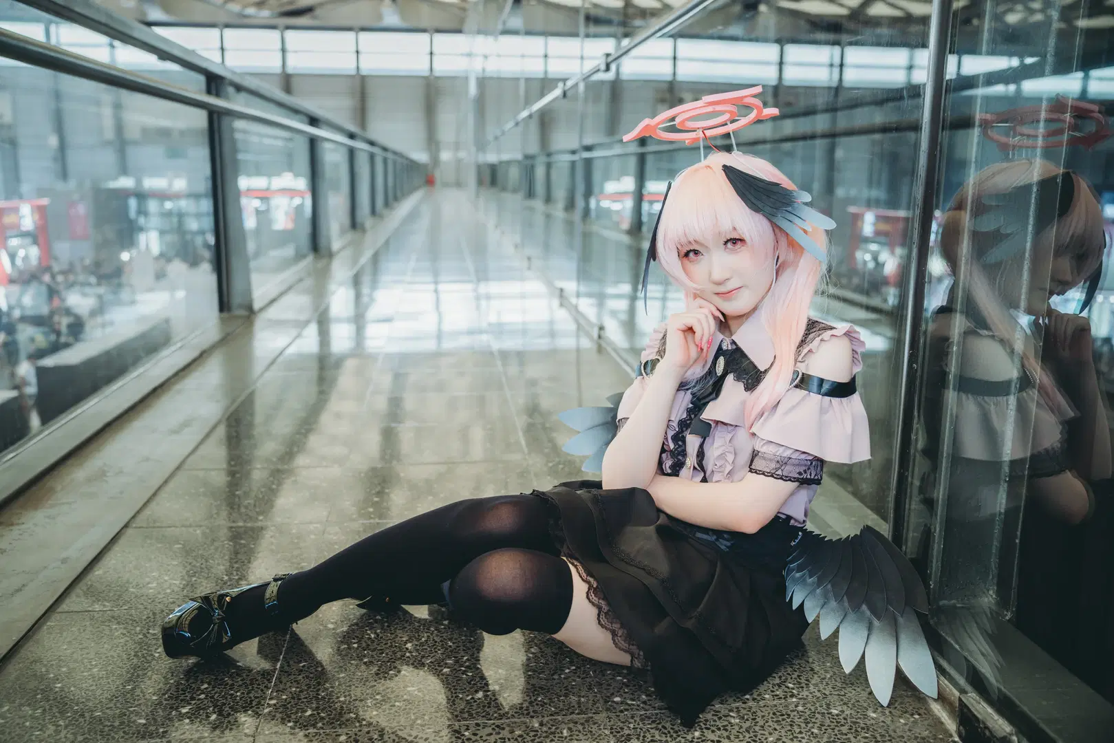 Blue Archive, Convention photos, Shimoe Koharu cosplay, Black stockings, Stockings