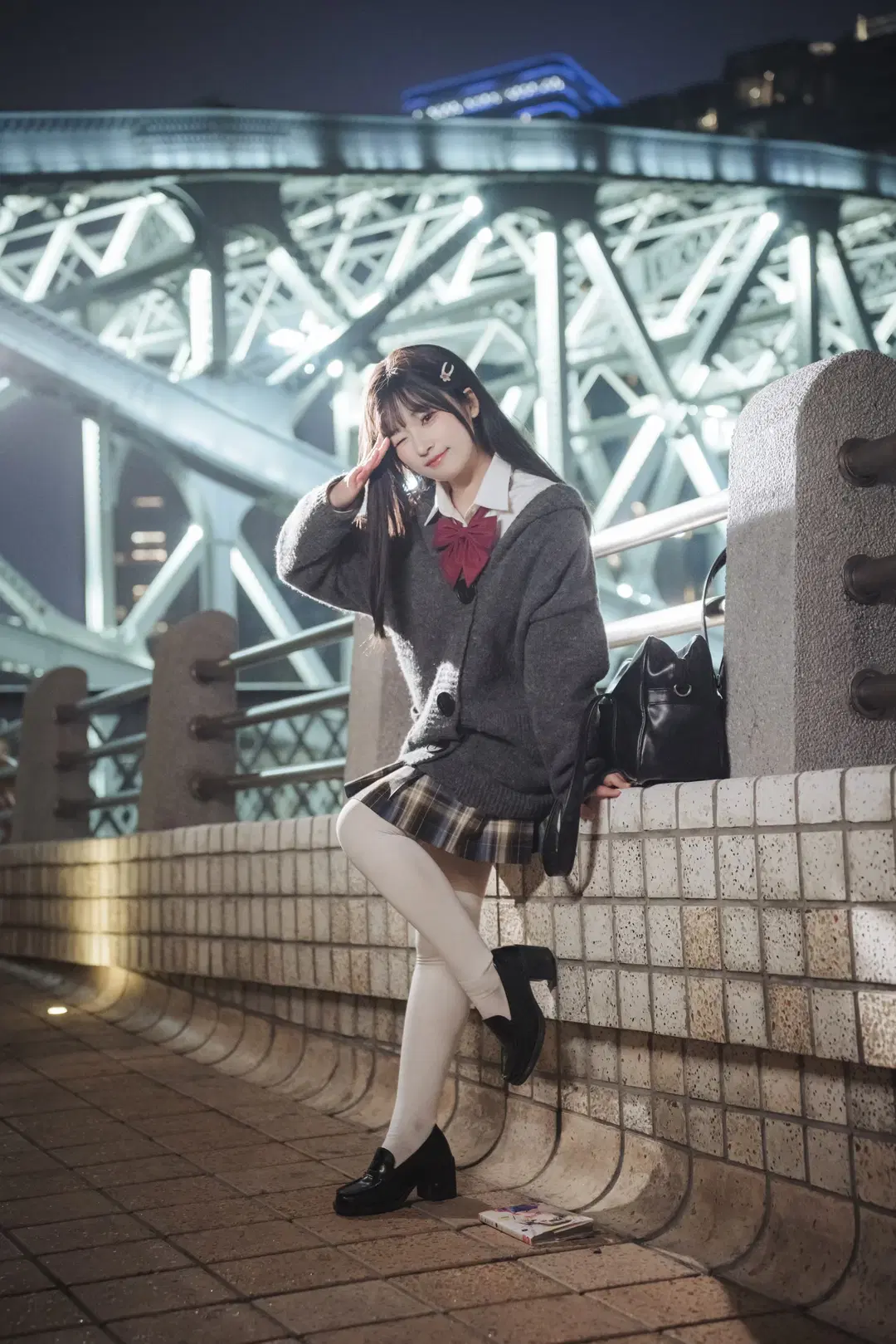 JK制服, 夜景ポートレート, 白ニーソコーデ, 制服コスプレ, 道路・橋梁撮影