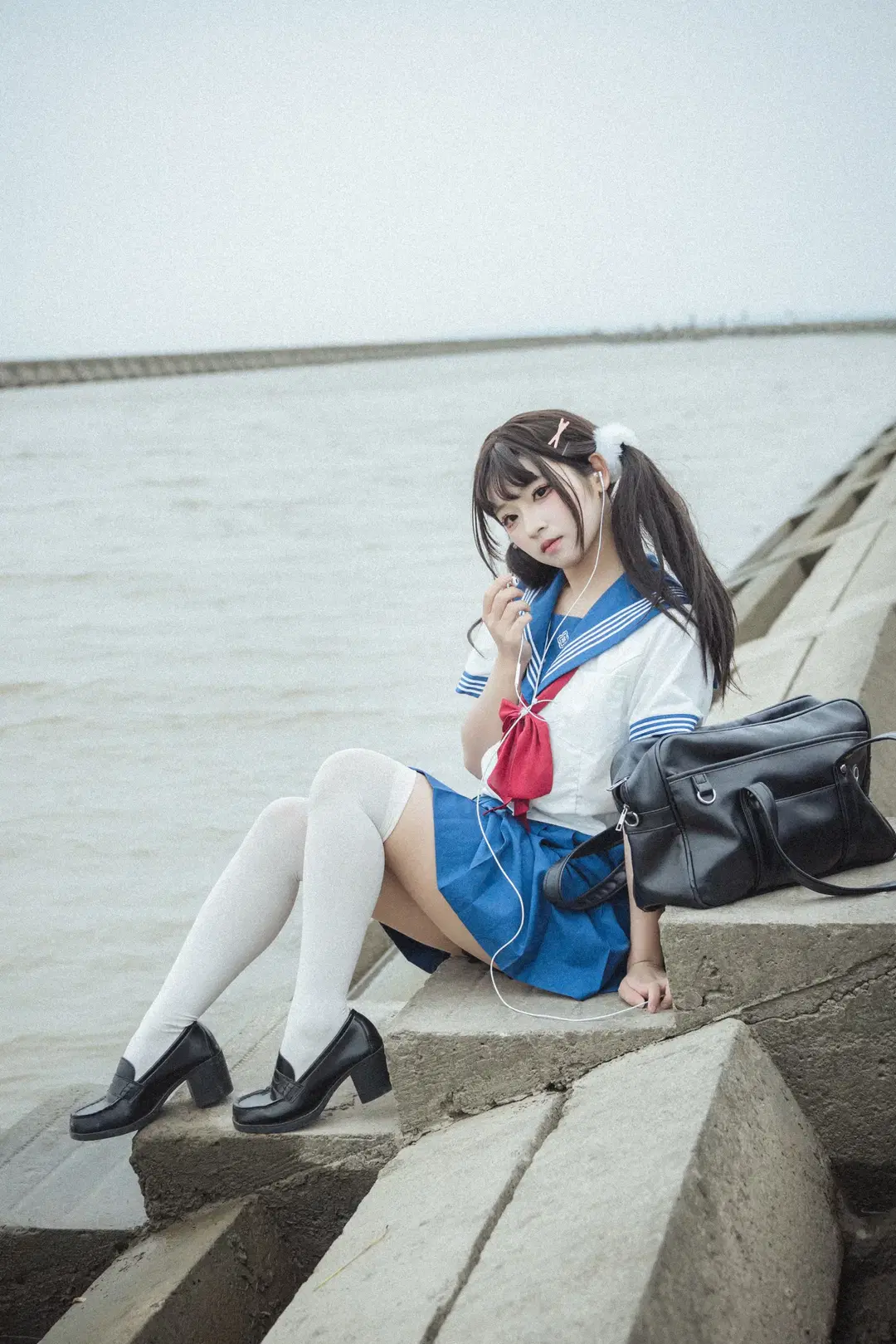 JK制服, 白丝, 水手服, 阴天写真, 防波堤