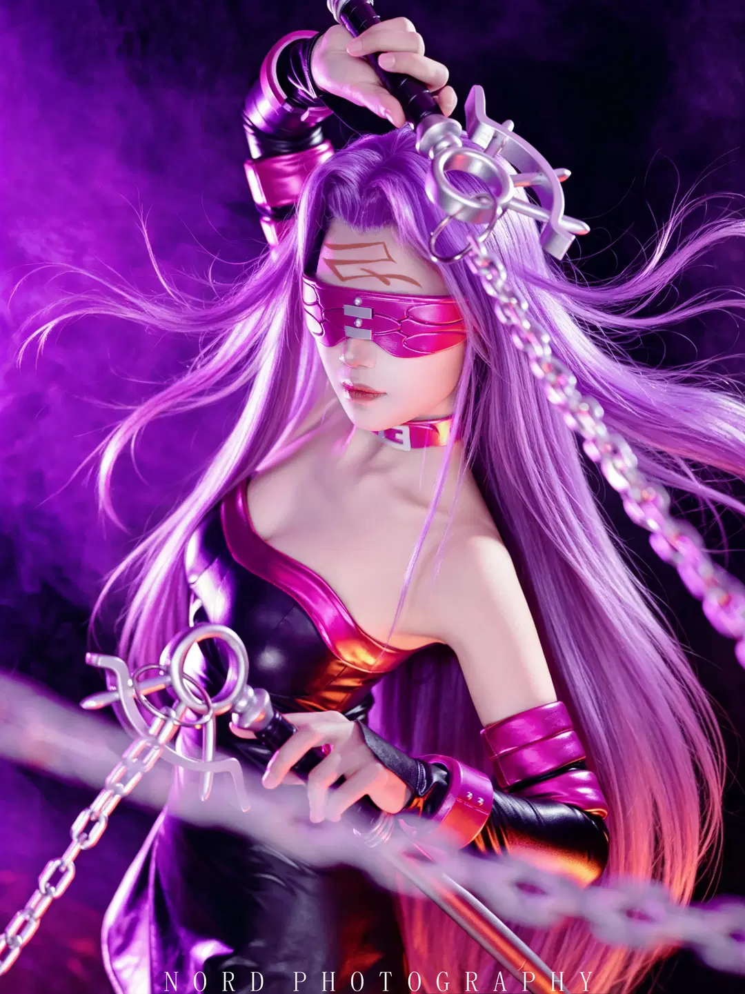 Fate/Grand Order, Medusa cosplay, Patent leather outfit, Dark style cosplay, Purple hair with eyepatch