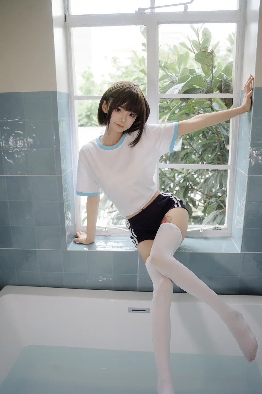 Summer Gymnastics Uniform and White Stockings Photoshoot on a Bathroom Windowsill by 独角兽 - Image 10