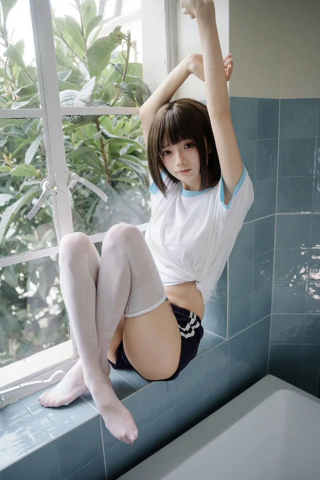 Summer Gymnastics Uniform and White Stockings Photoshoot on a Bathroom Windowsill by 独角兽 - Image 3
