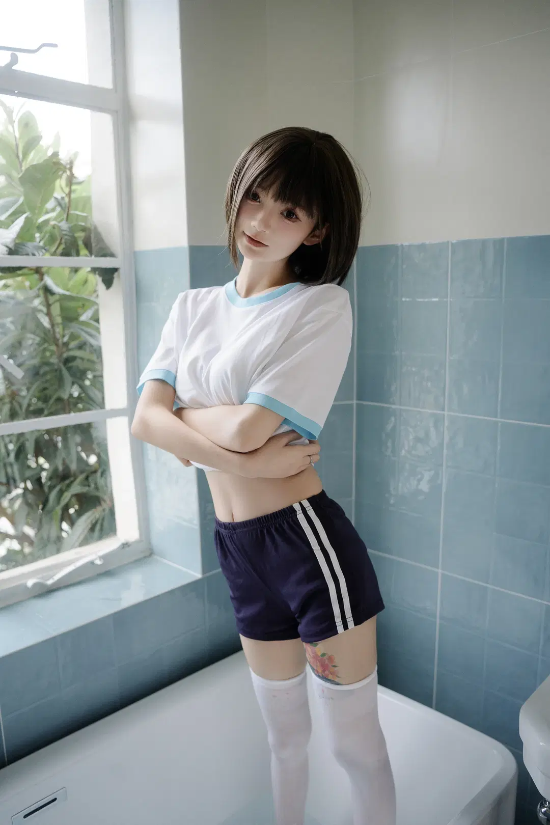 Summer Gymnastics Uniform and White Stockings Photoshoot on a Bathroom Windowsill by 独角兽 - Image 4
