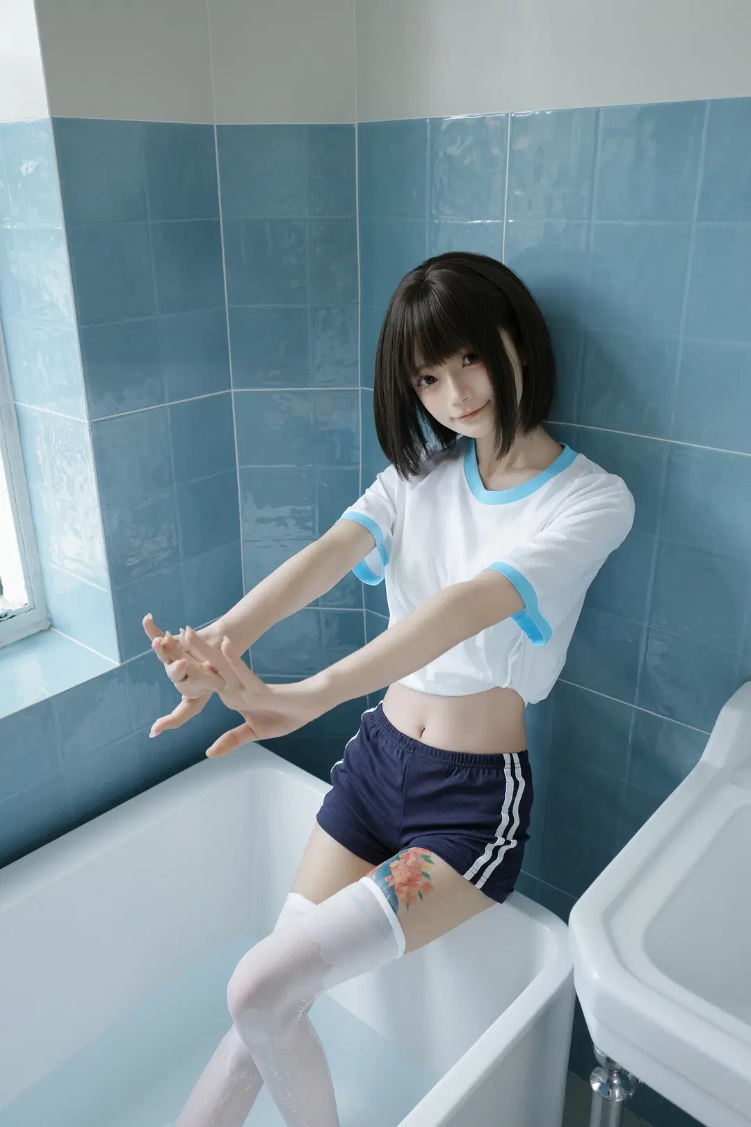 Summer Gymnastics Uniform and White Stockings Photoshoot on a Bathroom Windowsill by 独角兽 - Image 8