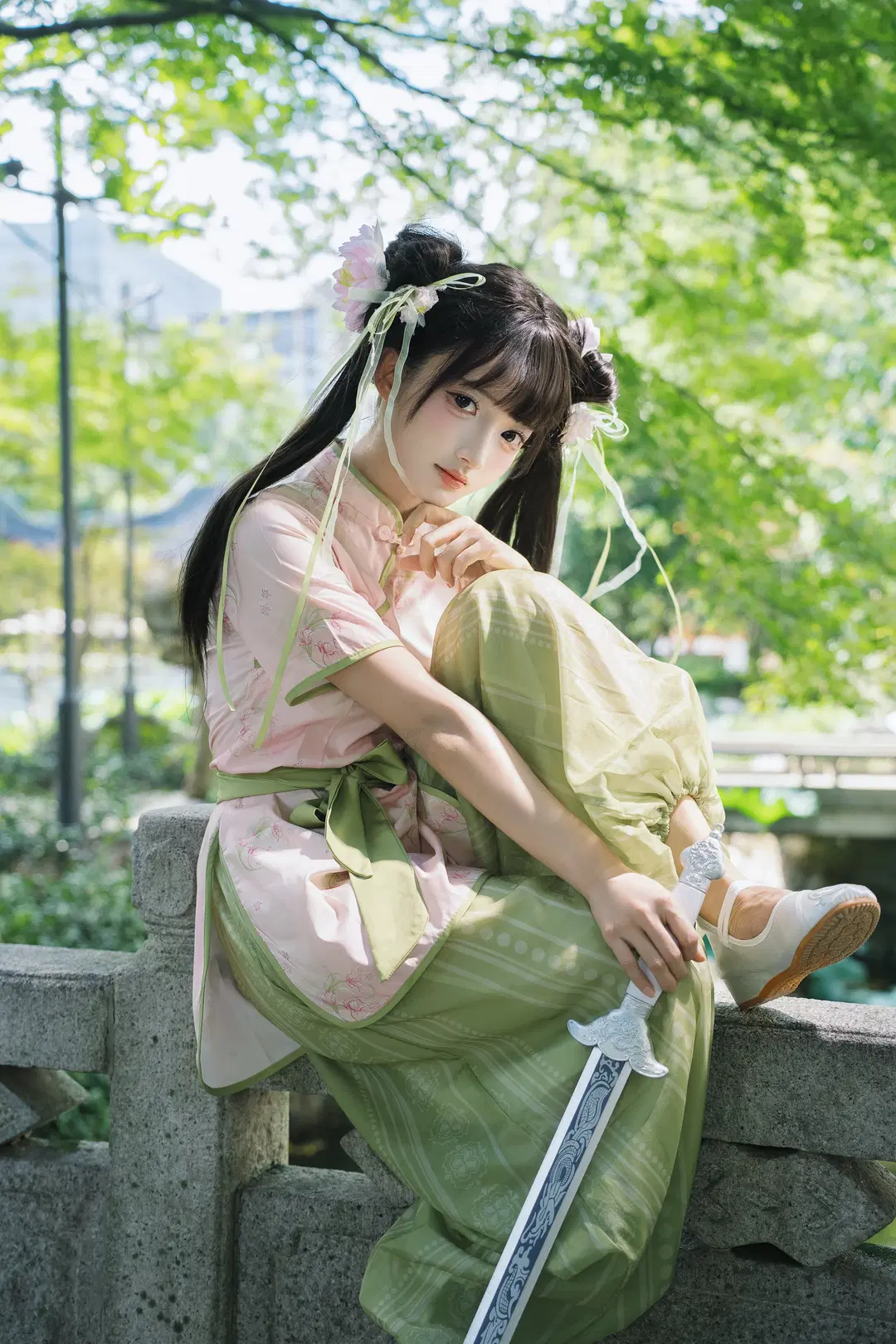 二次元撮影, 中華娘, 中国風武侠, 庭園外景, ツインテール コスプレ