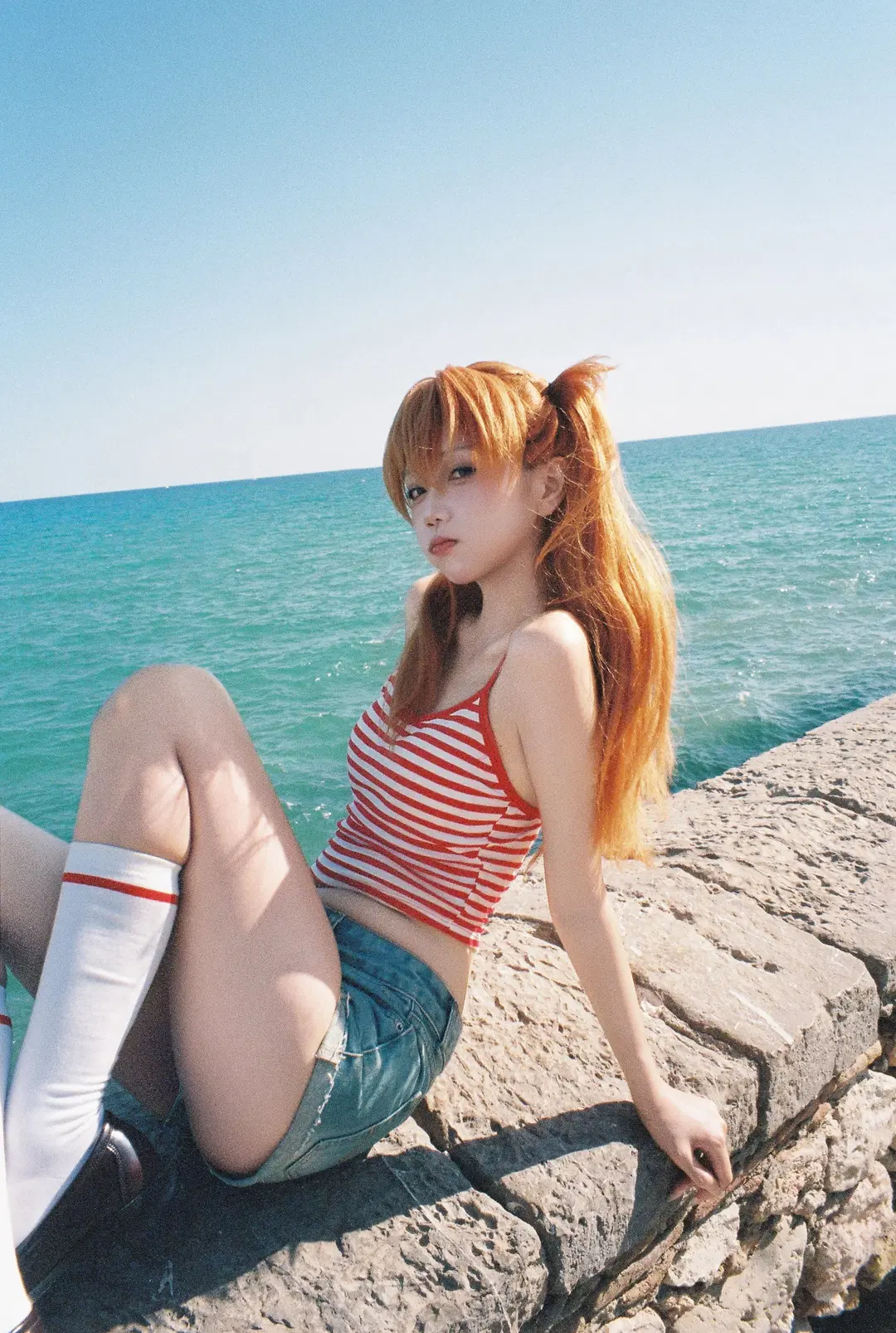 EVA, 白丝, 明日香cos, 海边写真, 胶片写真