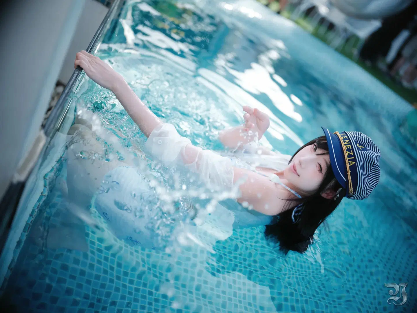 Summer Sailor-style photoshoot by the Pool: Refreshing Summer water play with Sailor hat outfit by 跃动的小黑马 - Image 10