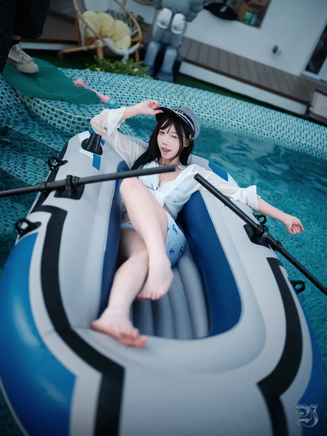 Summer Sailor-style photoshoot by the Pool: Refreshing Summer water play with Sailor hat outfit by 跃动的小黑马 - Image 11