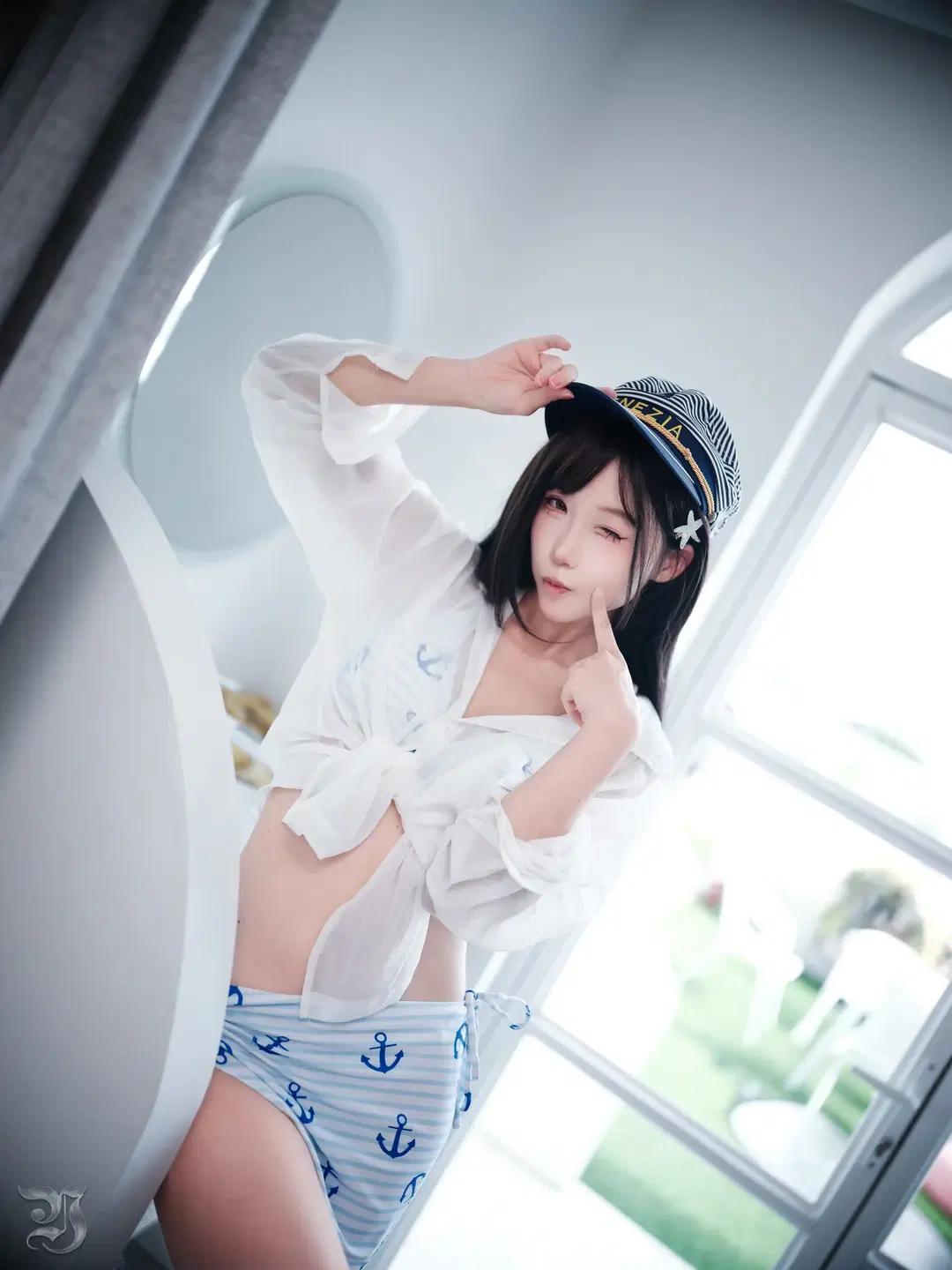 Summer Sailor-style photoshoot by the Pool: Refreshing Summer water play with Sailor hat outfit by 跃动的小黑马 - Image 14
