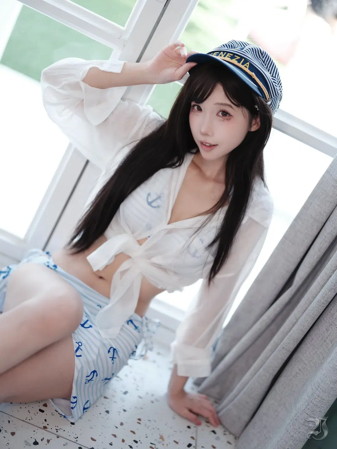 Summer Sailor-style photoshoot by the Pool: Refreshing Summer water play with Sailor hat outfit by 跃动的小黑马 - Image 15
