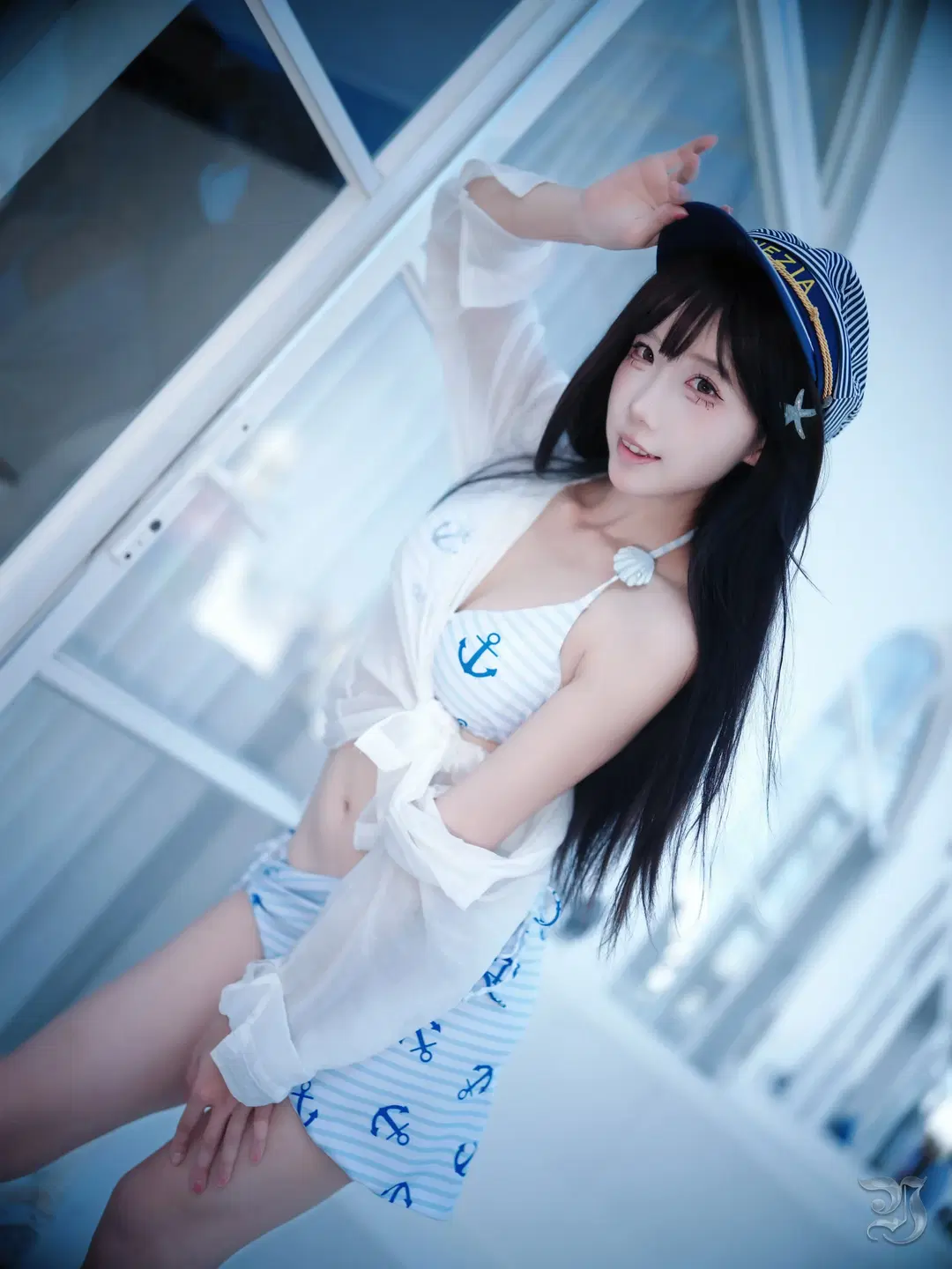 Summer Sailor-style photoshoot by the Pool: Refreshing Summer water play with Sailor hat outfit by 跃动的小黑马 - Image 2