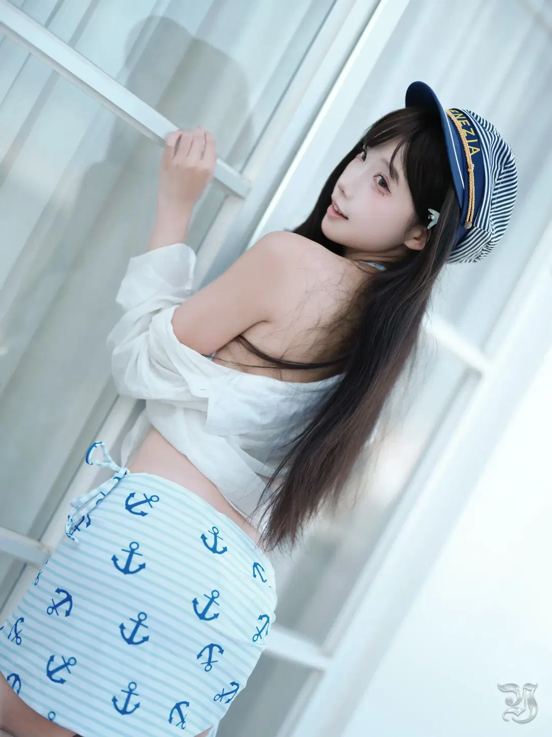 Summer Sailor-style photoshoot by the Pool: Refreshing Summer water play with Sailor hat outfit by 跃动的小黑马 - Image 4