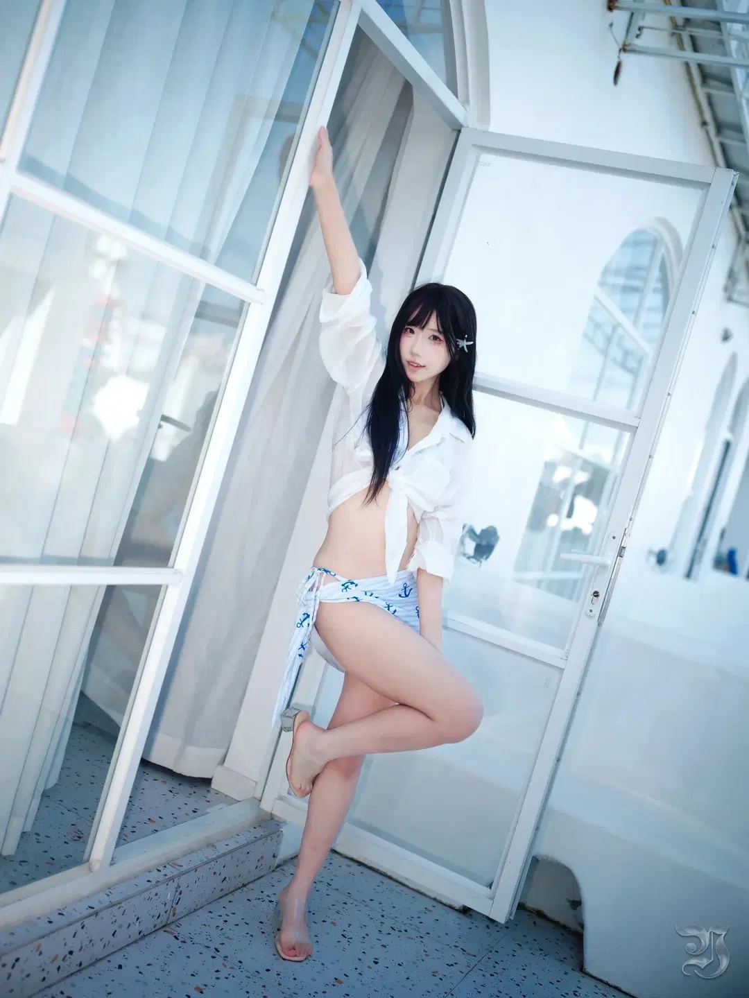 Summer Sailor-style photoshoot by the Pool: Refreshing Summer water play with Sailor hat outfit by 跃动的小黑马 - Image 6