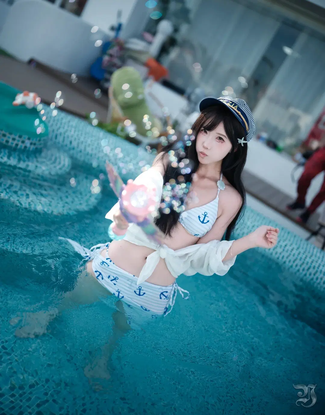 Summer Sailor-style photoshoot by the Pool: Refreshing Summer water play with Sailor hat outfit by 跃动的小黑马 - Image 7