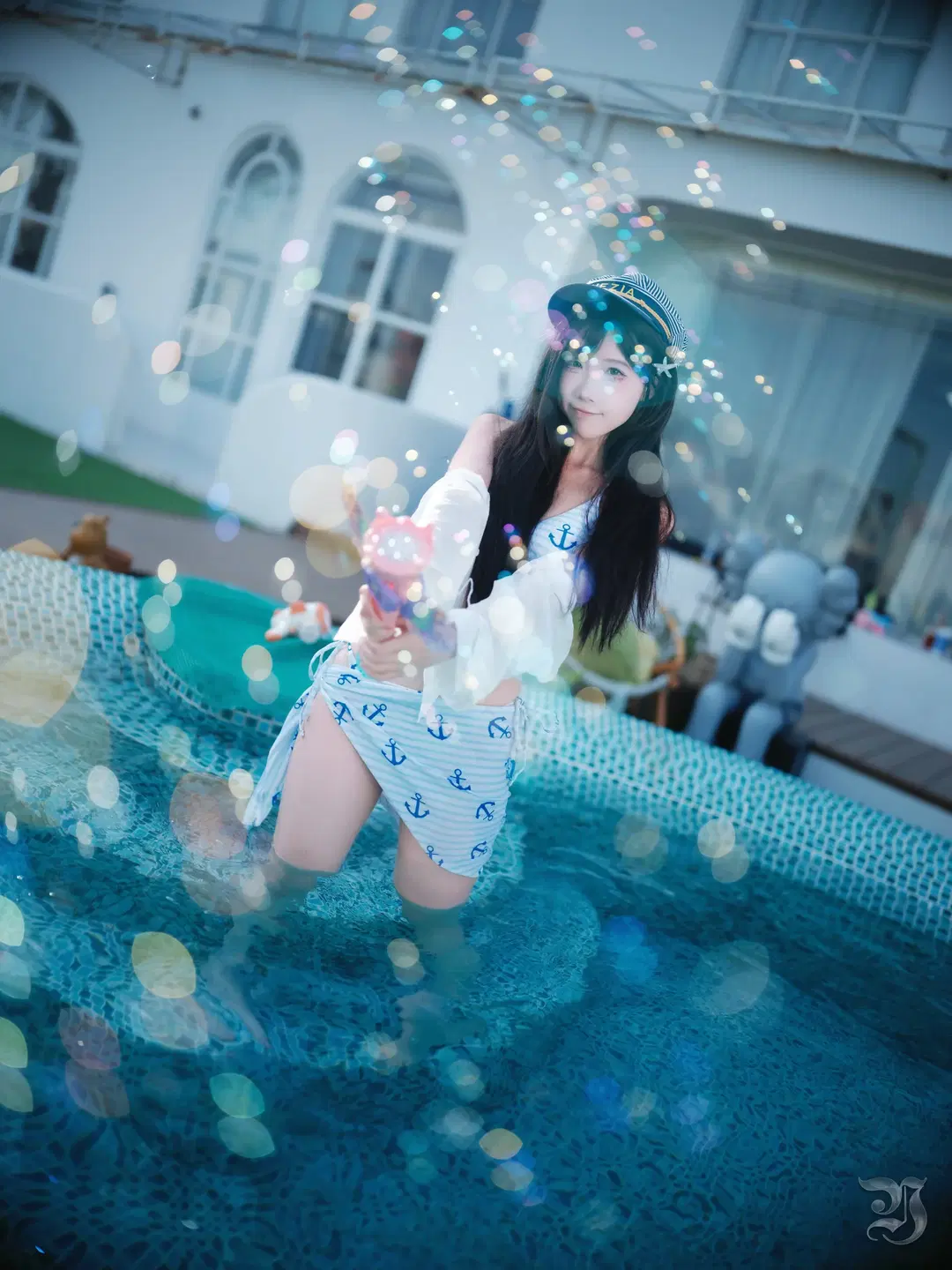 Summer Sailor-style photoshoot by the Pool: Refreshing Summer water play with Sailor hat outfit by 跃动的小黑马 - Image 8