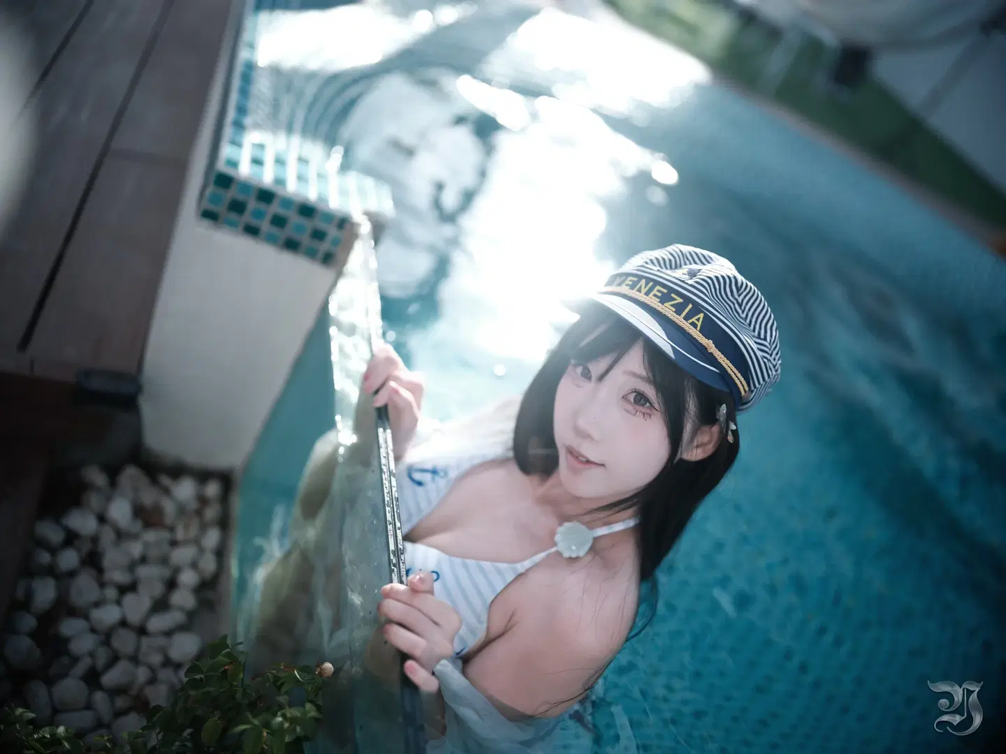 Summer Sailor-style photoshoot by the Pool: Refreshing Summer water play with Sailor hat outfit by 跃动的小黑马 - Image 9