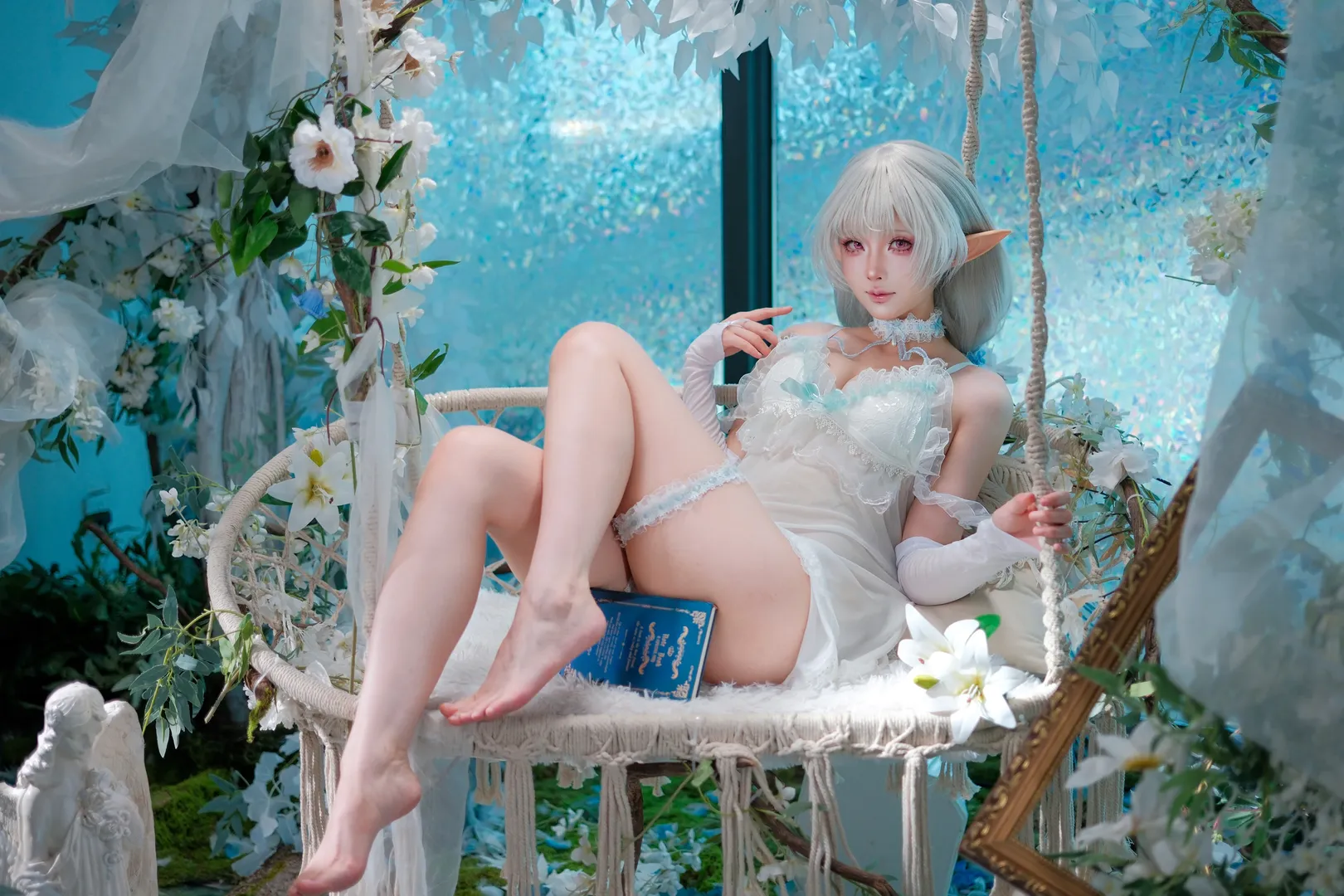 碧蓝航线, 二次元cos, 埃佛森cos, 精灵耳cosplay, 白蕾丝睡衣 - 第2张
