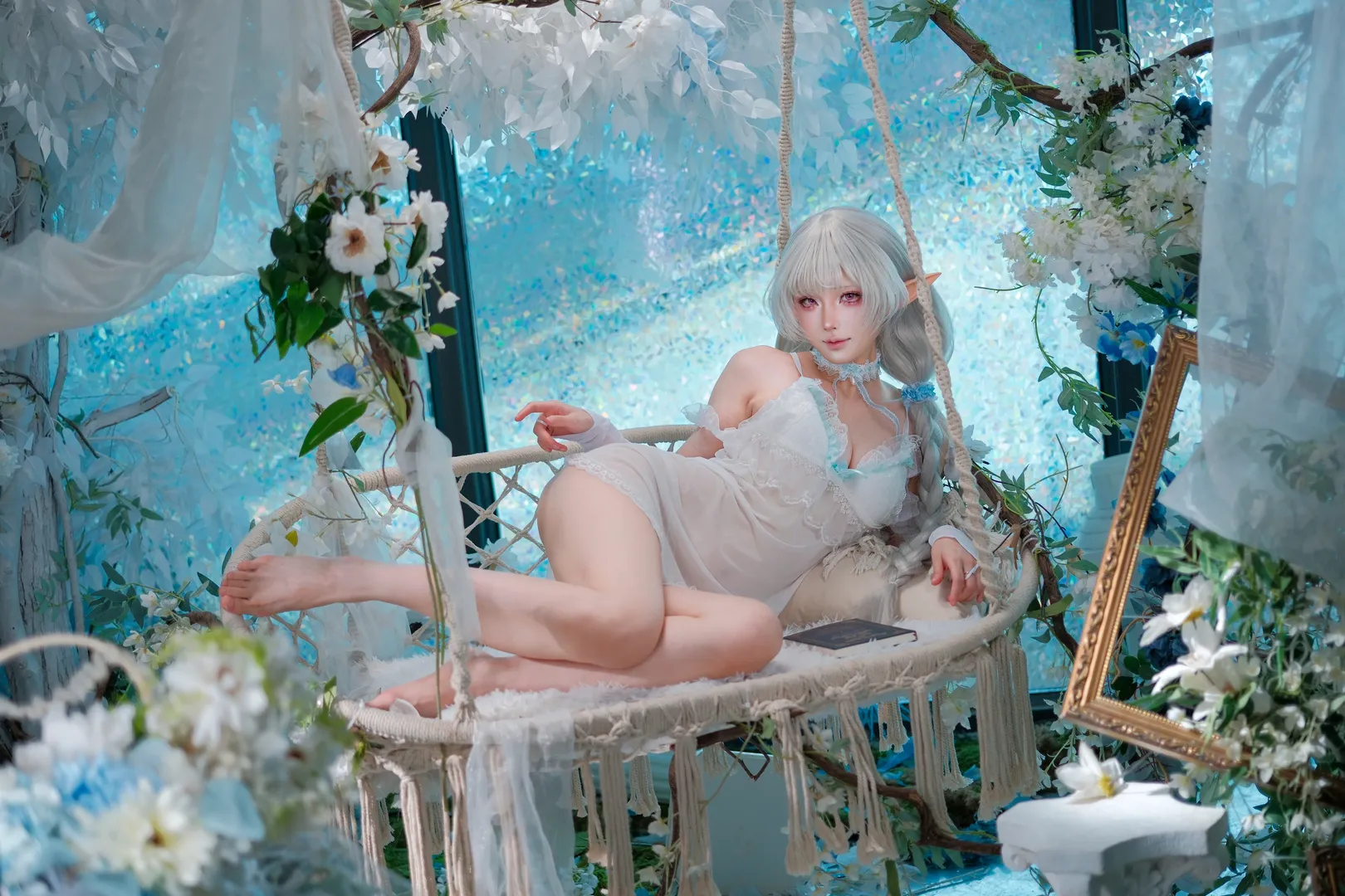 碧蓝航线, 二次元cos, 埃佛森cos, 精灵耳cosplay, 白蕾丝睡衣 - 第3张