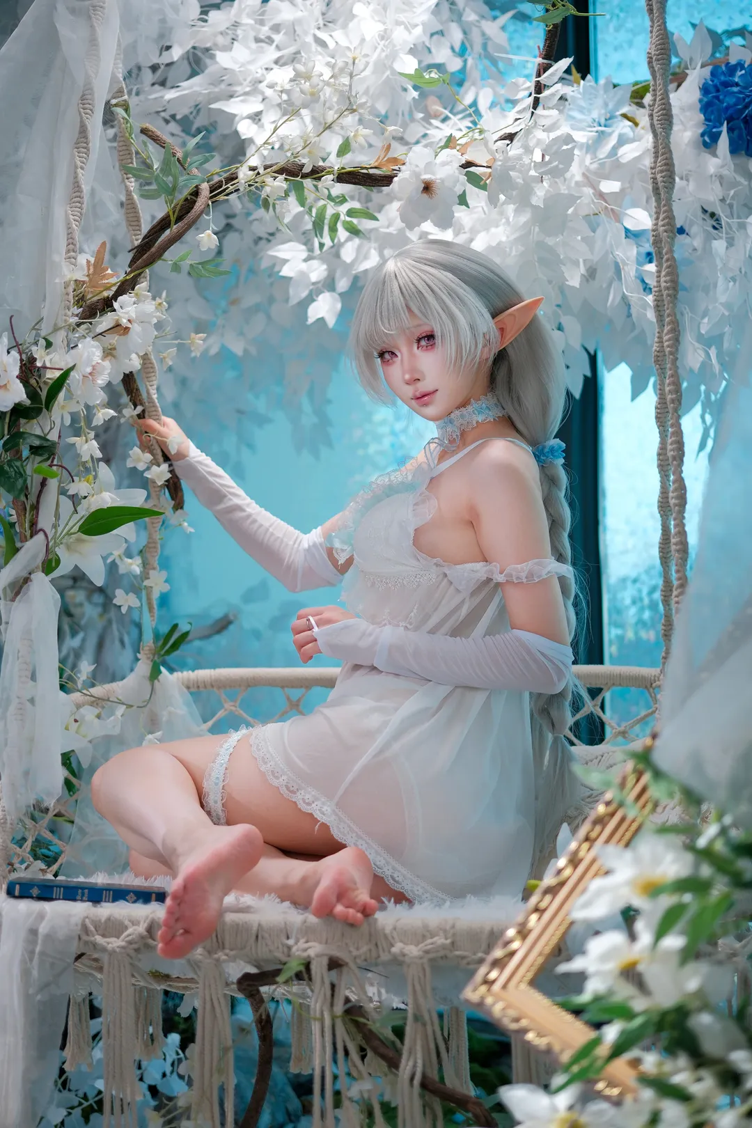 碧蓝航线, 埃佛森cos, cosplay摄影, 精灵耳cos, 白色蕾丝睡衣