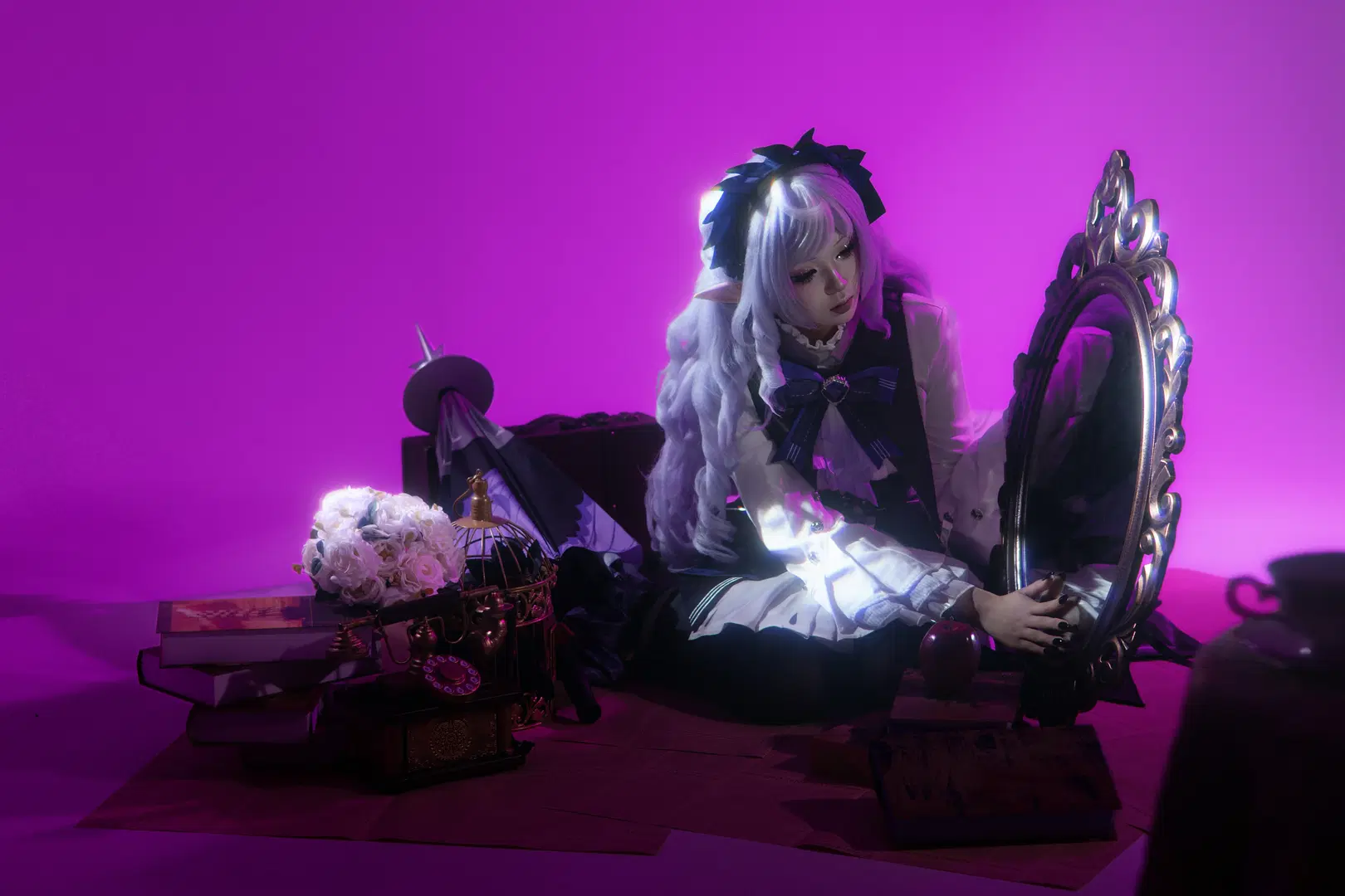 Zenless Zone Zero, Vivian cosplay, Elf ears, Vintage maid costume, Magenta atmosphere