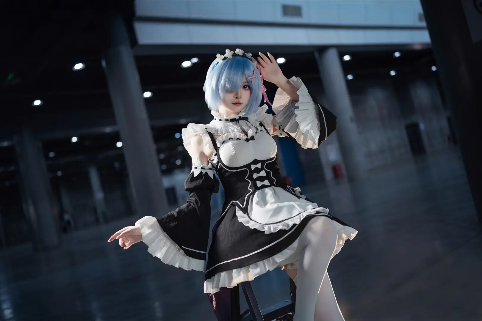 cosplay, Anime-style photography, Maid outfit, Rem cosplay, White stockings
