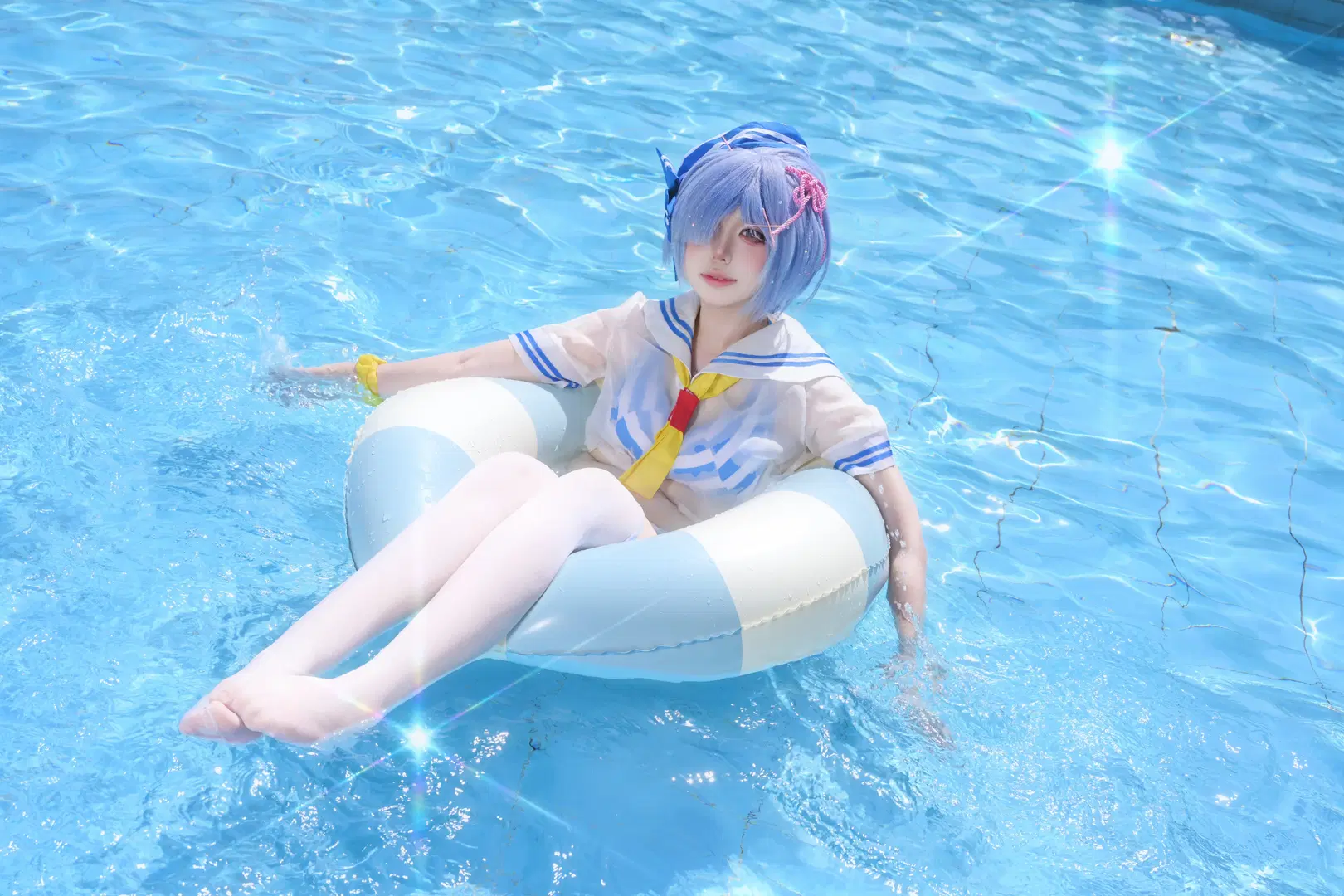 二次元撮影, 水着コスプレ, レム コスプレ, サマーフィルム, 白ストッキング