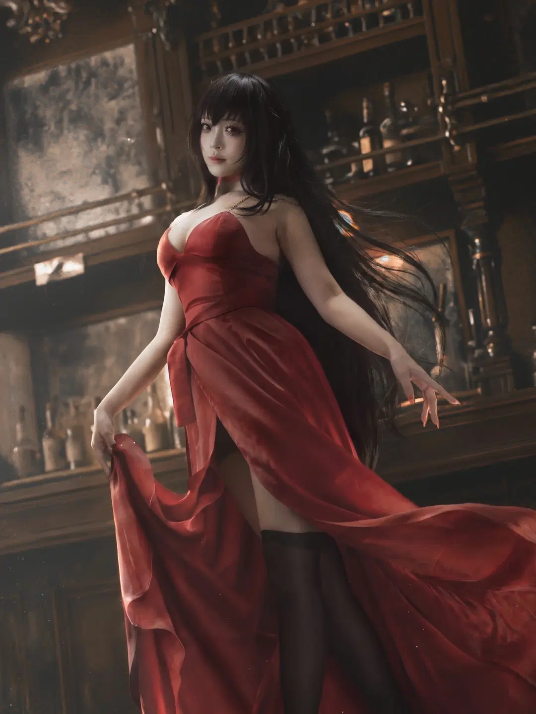 二次元撮影, アズールレーン, 黒ストッキング, 大鳳コスプレ, レトロな酒場