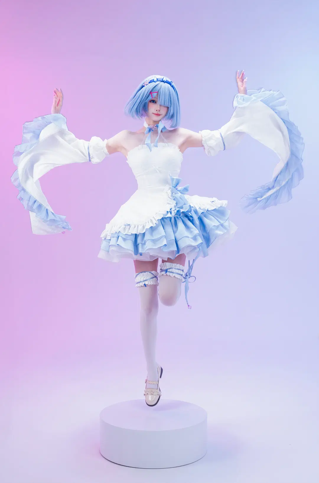 Rem cosplay, Cosplay photoshoot, White studio photography, White over-the-knee socks, Rem Crystal Dress