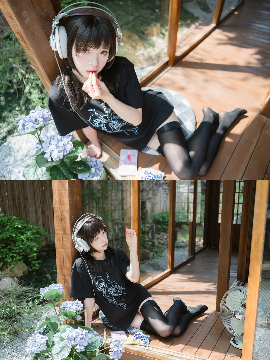 日式庭院里的慵懒夏日，黑T恤搭配白耳机与黑丝 - HIRO_午饭饭 - 第2张