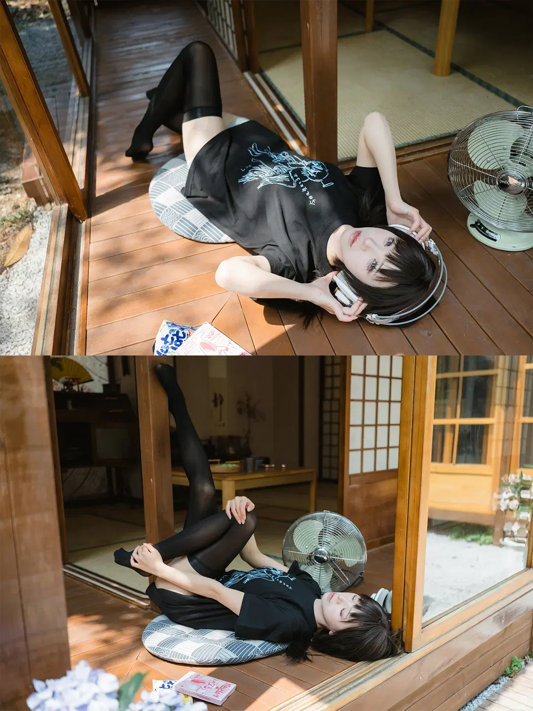 日式庭院里的慵懒夏日，黑T恤搭配白耳机与黑丝 - HIRO_午饭饭 - 第4张