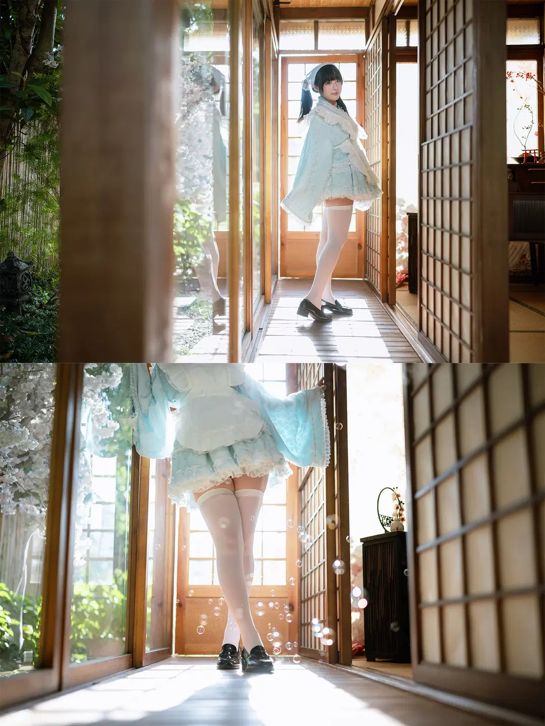 Mint White Chocolate Themed Photoshoot: Luminous Wooden Cabin Paired with Pale Blue Dress and White Stockings by HIRO_午饭饭 - Image 3